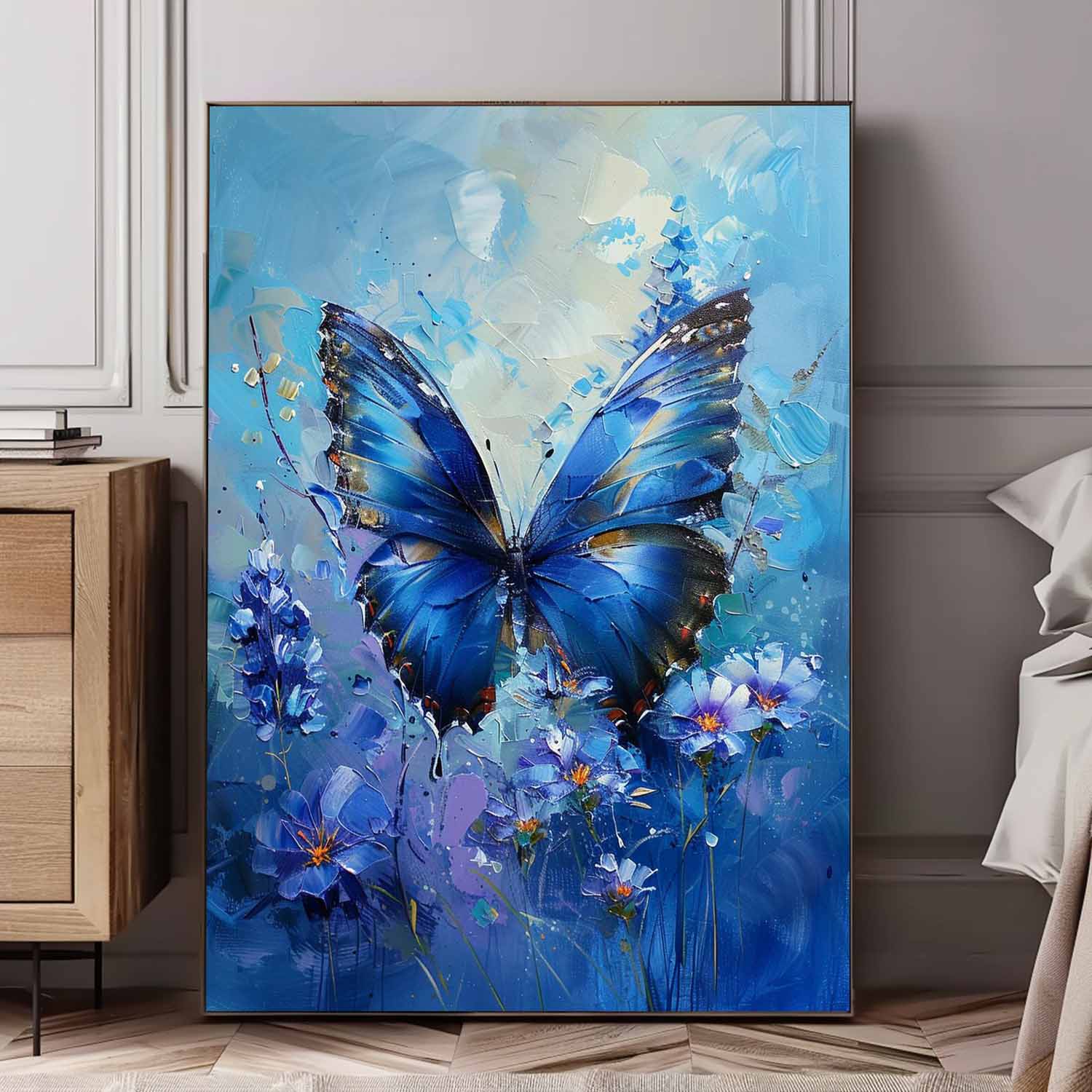 Modern Texture Oil Painting Framed Original Artwork Impressionist Lovely Butterfly Wall Art Blue Oil Painting
