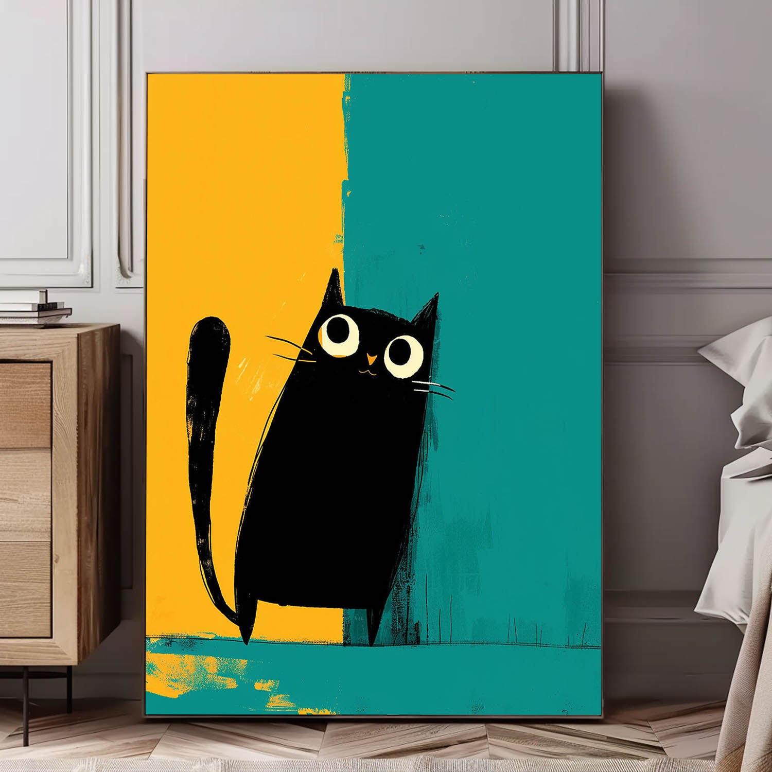 Vibrant Yellow And Green Oil Painting Modern Black Cat Animal Oil Painting Impressionist Kitty Wall Art
