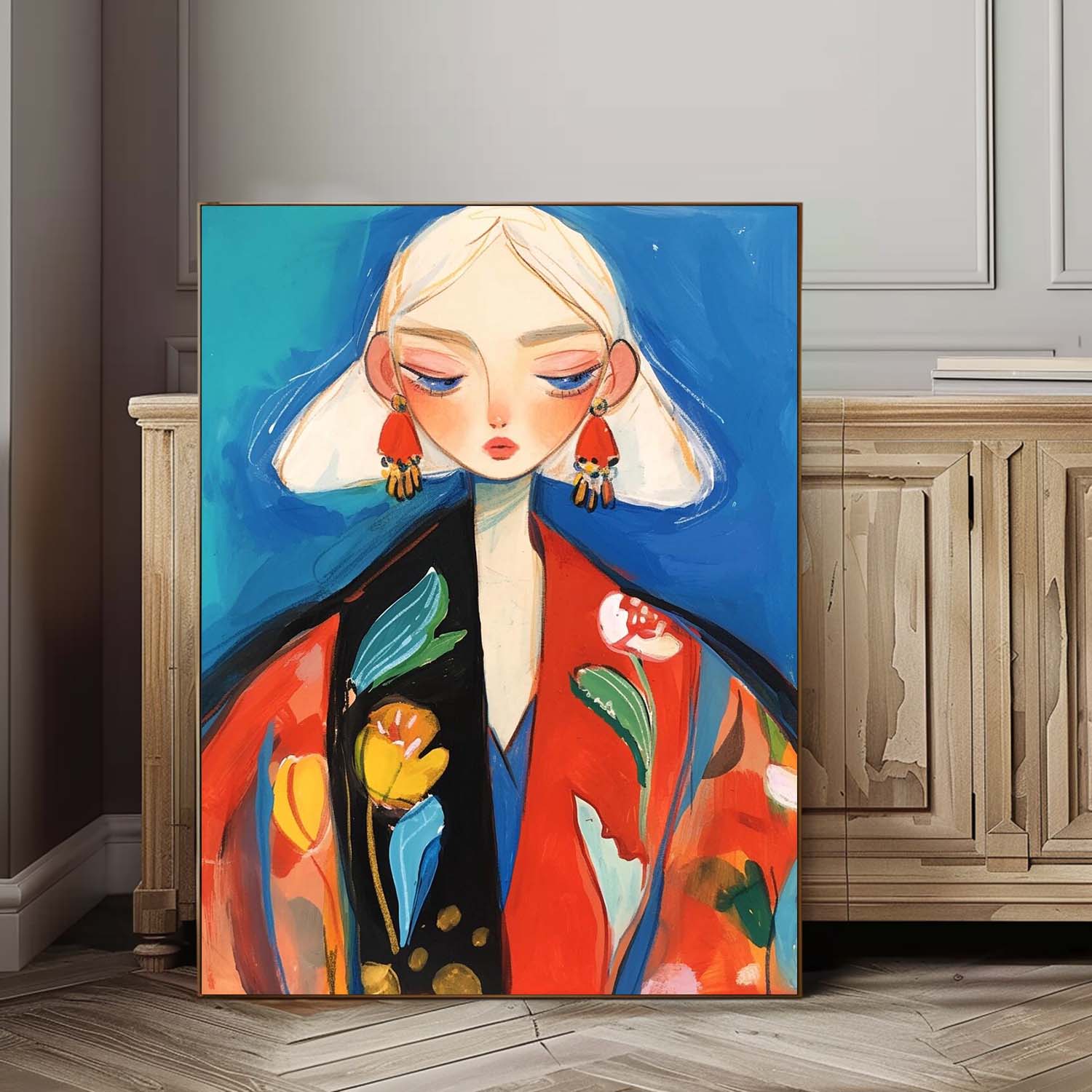 Large Fgure Acrylic Painting Cute Girl Original Abstract Wall Art Cartoon Character Painting Framed Artwork