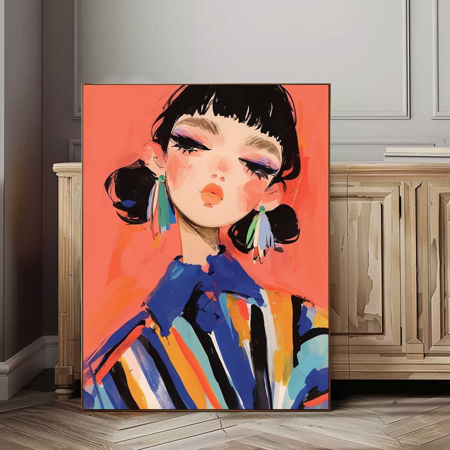 Cute Girl Original Abstract Wall Art Big Fgure Acrylic Painting Cartoon Character Painting Framed Artwork