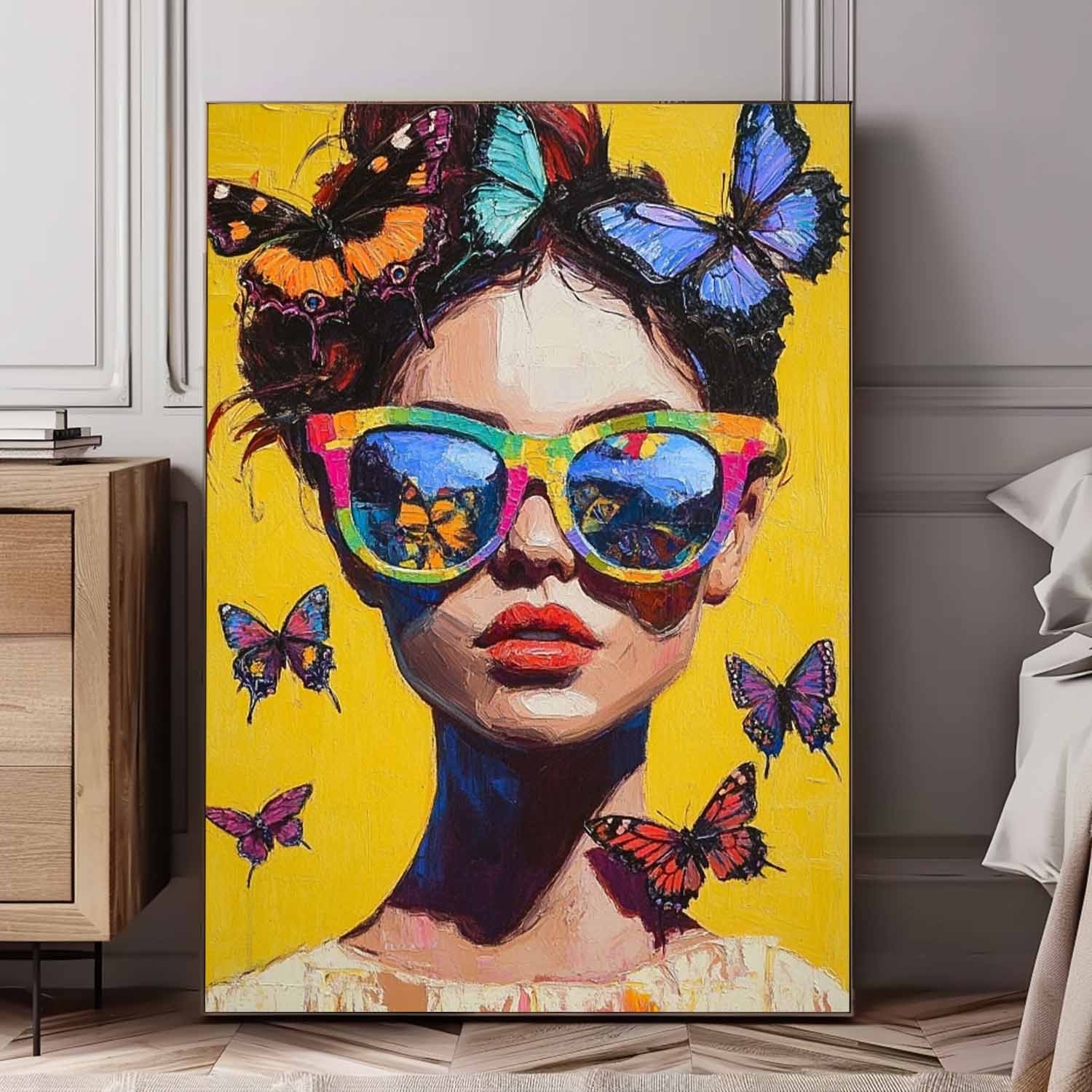 Lady Modern Artwork Abstract Butterfly Oil Painting On Canvas Vibrant Yellow Original Texture Girl Wall Art