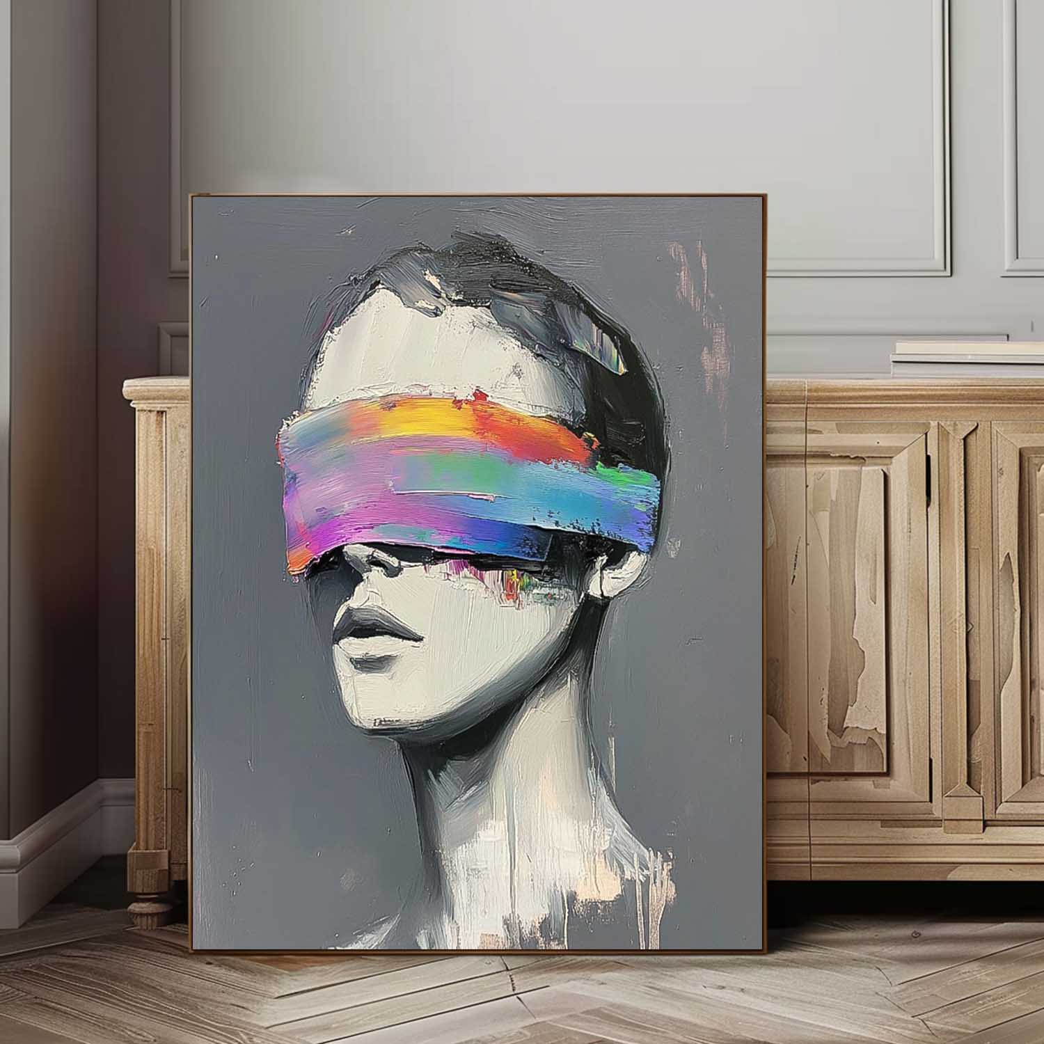 Abstract Artwork Large Grey Acrylic Painting Framed Original Faceless Portrait Contemporary Wall Art