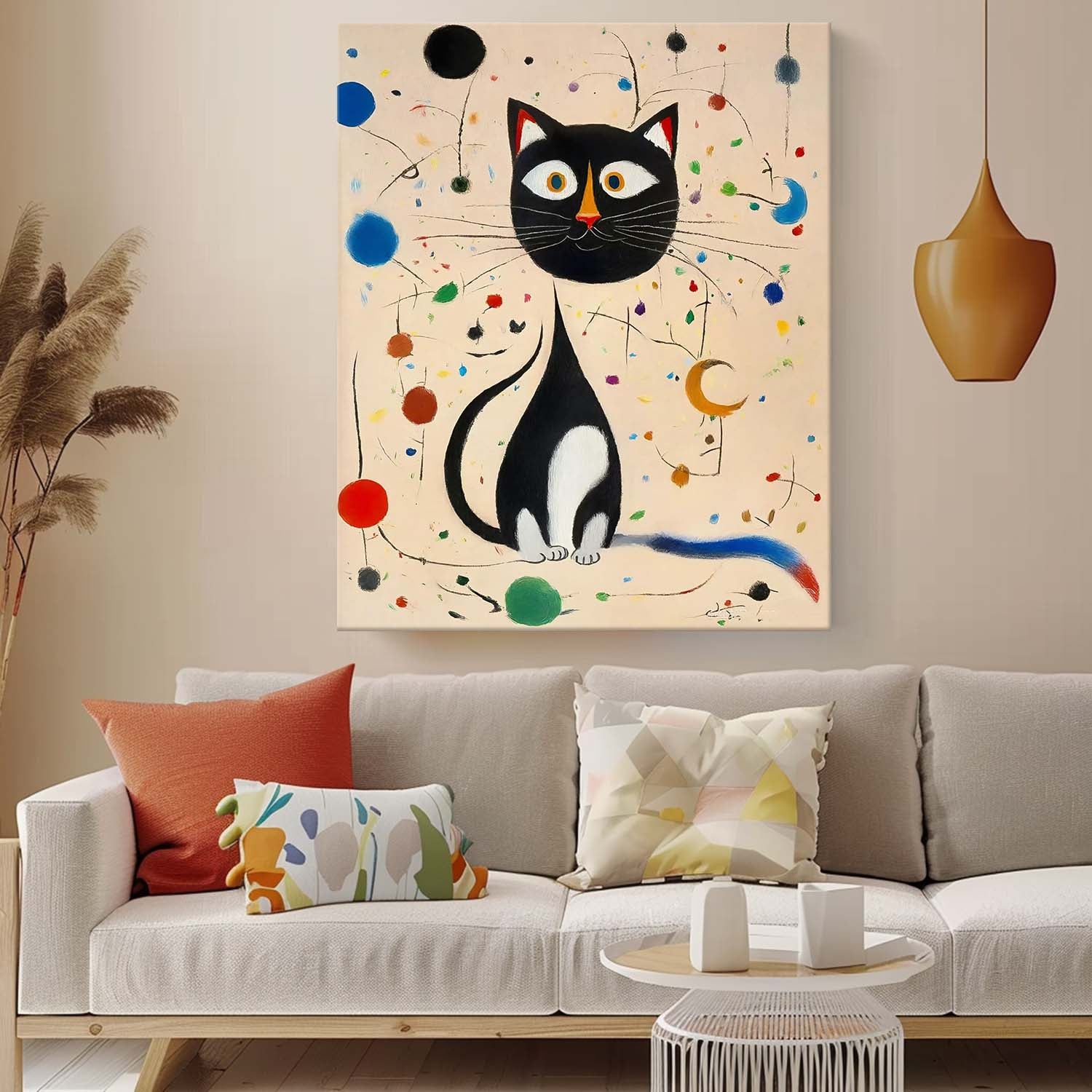 Surreal Joan Miró Style Abstract Cat Oil Painting Large Cat Pop Art Modern Cat Oil Painting Framed Artwork