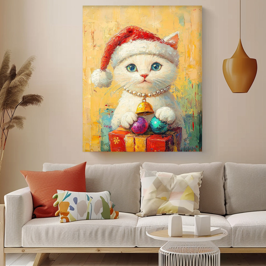Texture Christmas Animal Oil Painting Large Christmas Cat Oil Painting Cat Holding A Gift Wall Art decor Art