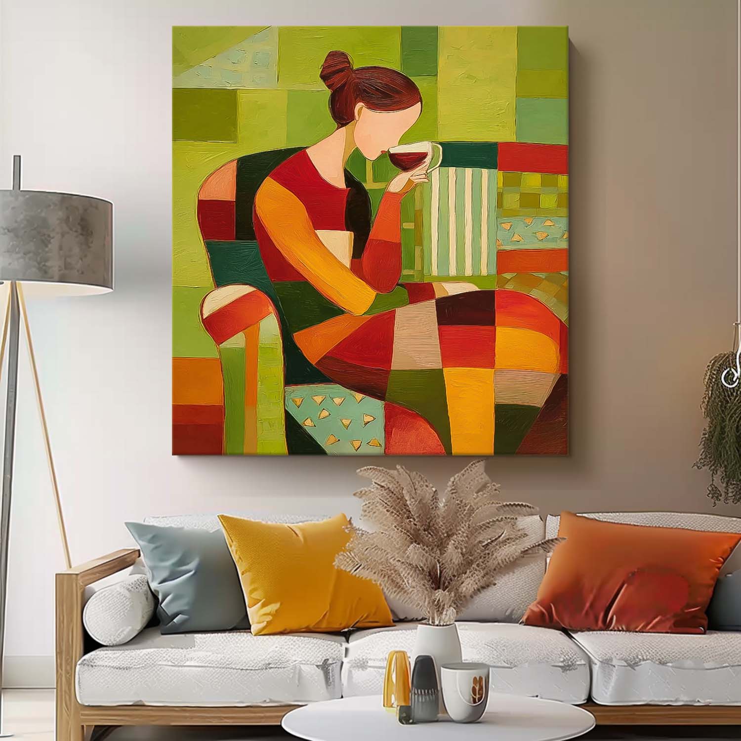 Lady Geometric Color Blocks Oil Painting Canvas Original Elegant Woman Wall Art Abstract Figure Artwork