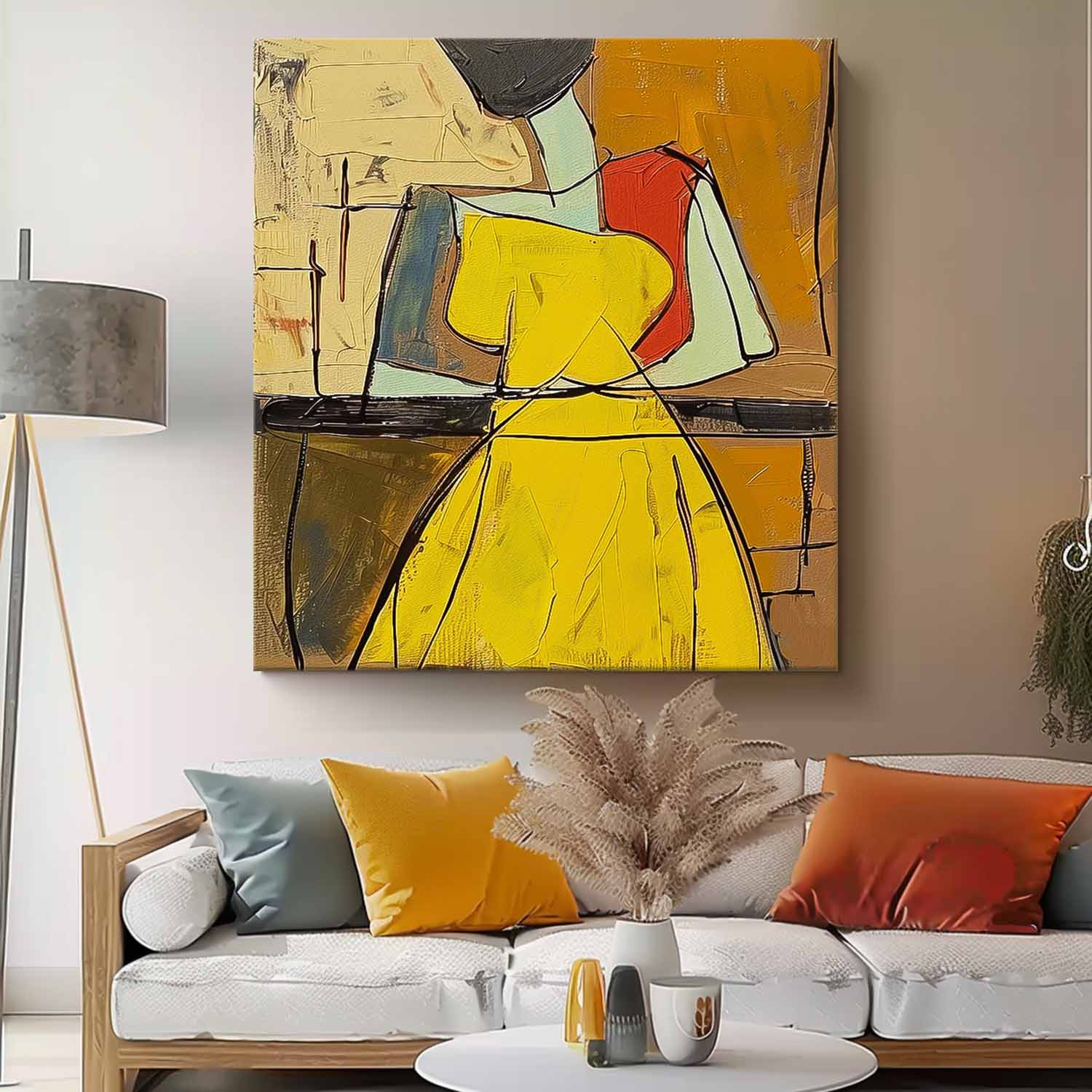 Warm Colors Texture Yellow Dress Girl Wall Art Original Beautiful Dress Figurative Painting Canvas Home Decor