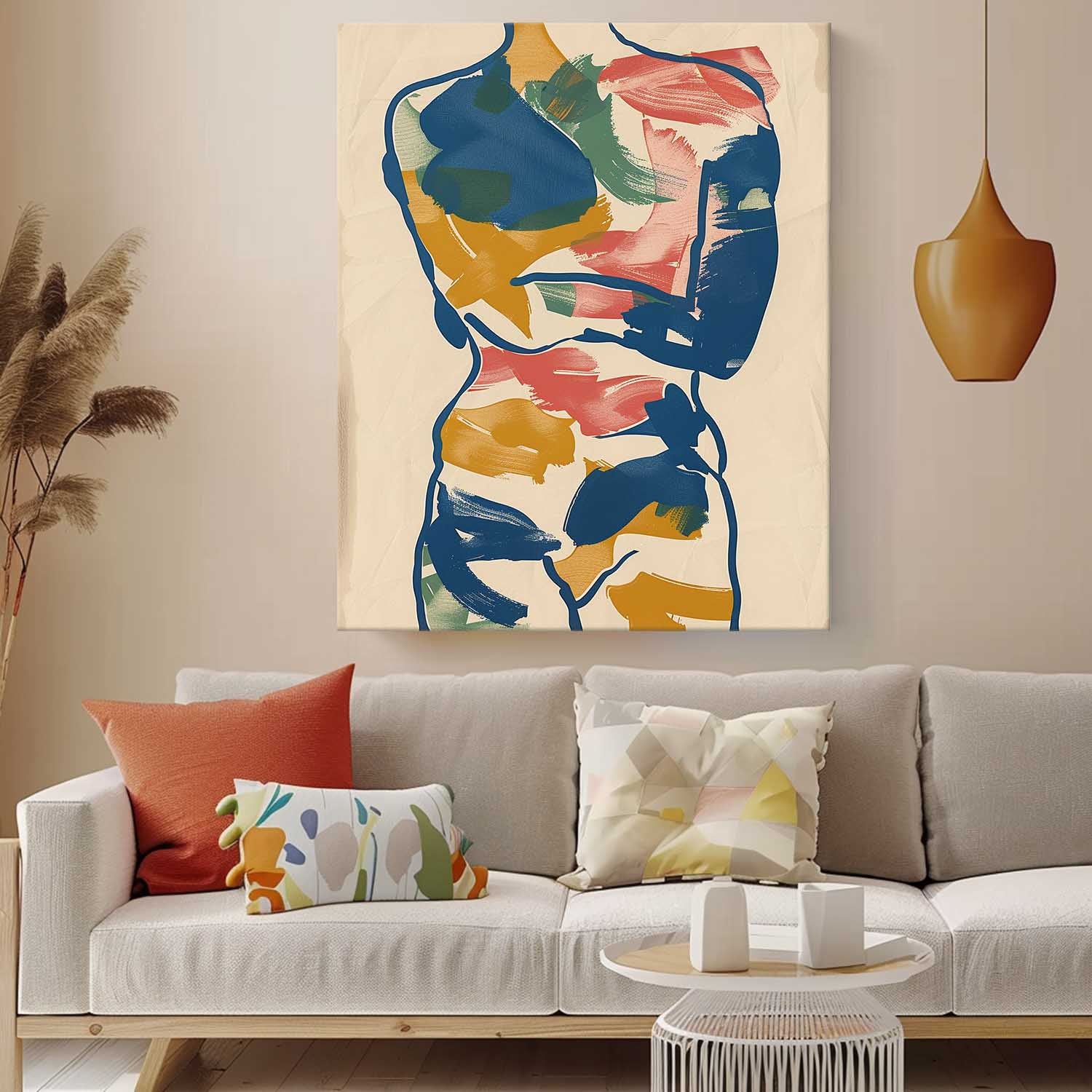 Vibrant Boho Original Abstract Color Body Line Outline Wall Art Figure Contour Acrylic Painting Minimalism Artwork
