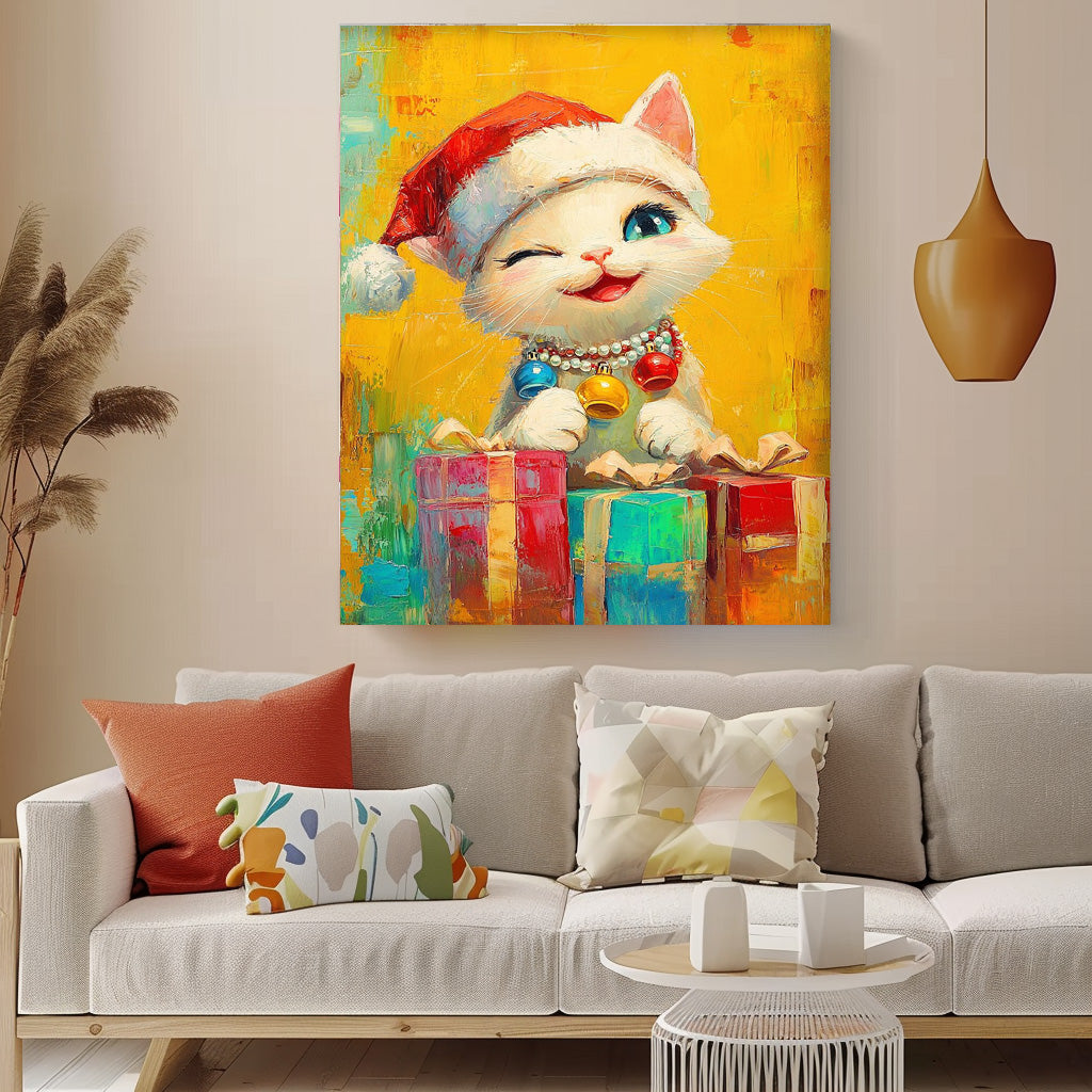 Large Christmas Cat Oil Painting Cat Holding A Gift Wall Art Texture Christmas Animal Oil Painting decor Art