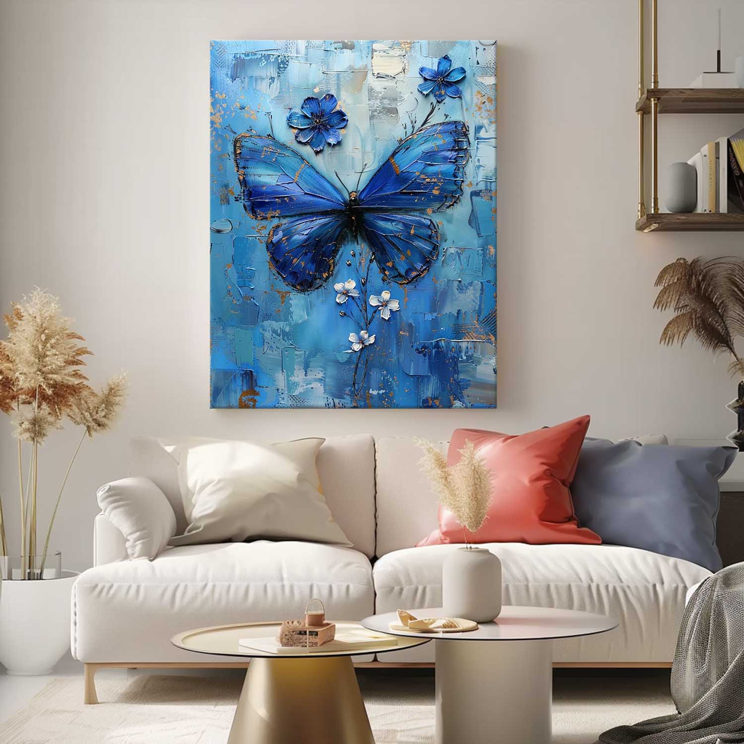 Original Artwork Impressionist Lovely Butterfly Wall Art Blue Oil Painting Modern Texture Oil Painting Framed