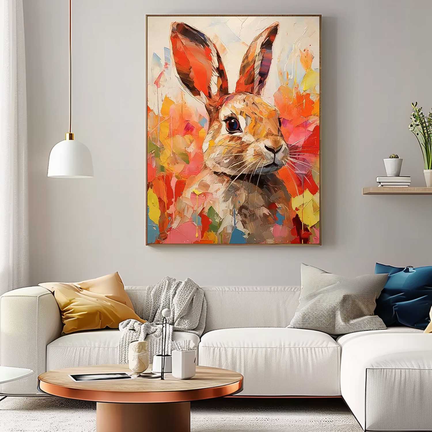 Bright Red Rabbit Oil Painting Modern Colorful Texture Animal Oil Painting Impressionist Bunny Wall Art