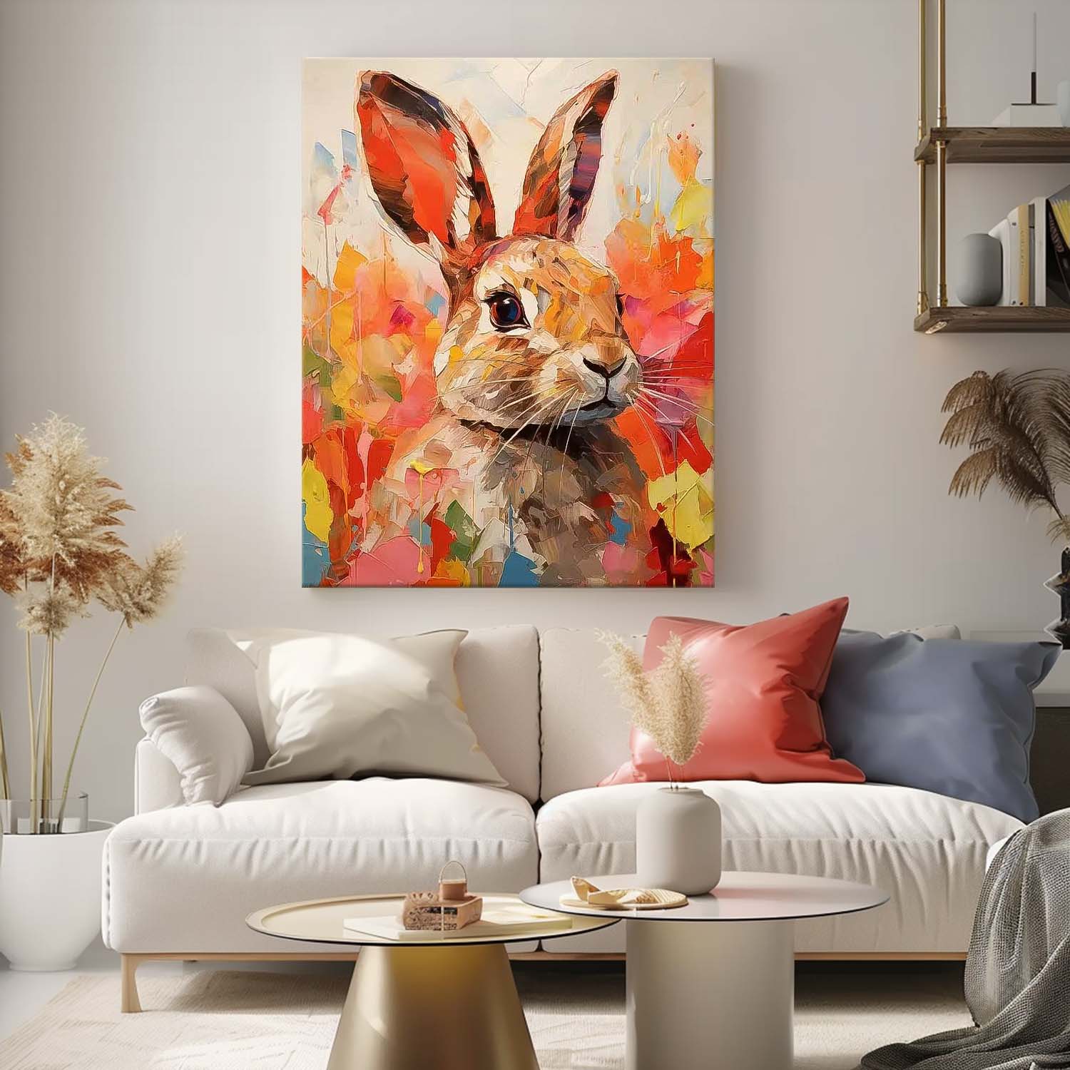 Bright Red Rabbit Oil Painting Modern Colorful Texture Animal Oil Painting Impressionist Bunny Wall Art