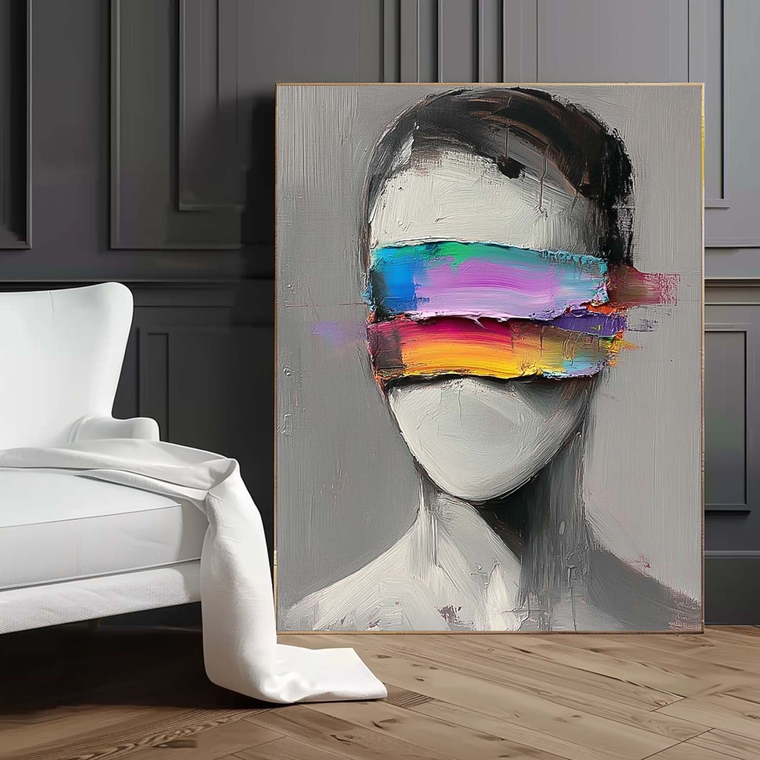 Large Grey Acrylic Painting Framed Original Faceless Portrait Contemporary Wall Art Abstract Artwork