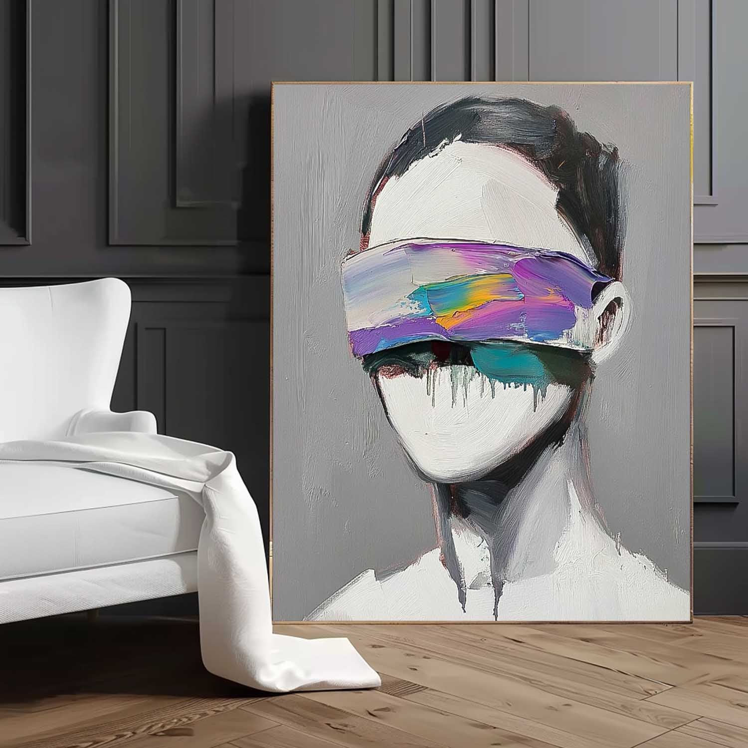 Original Faceless Portrait Contemporary Wall Art Large Grey Acrylic Painting Framed Abstract Artwork