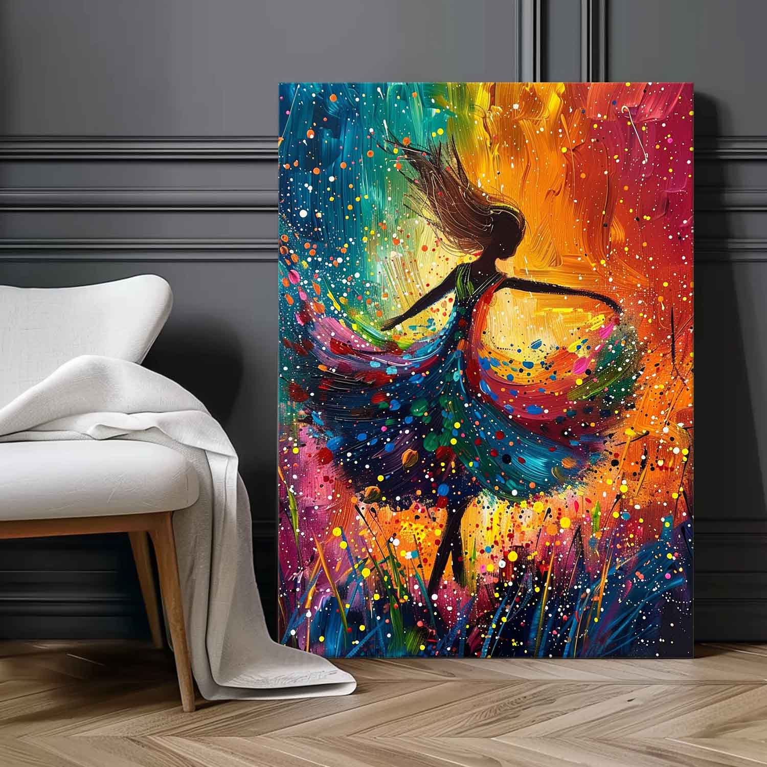 Large Multicolor Portrait Painting Framed Original Exquisite Dancing Girl Wall Art Abstract Colorful Artwork
