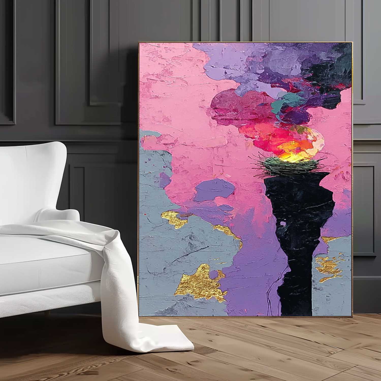 Original Bird's Nest Flames Painting Bright Texture Acrylic painting Abstract Large Wall Art Fashion Art