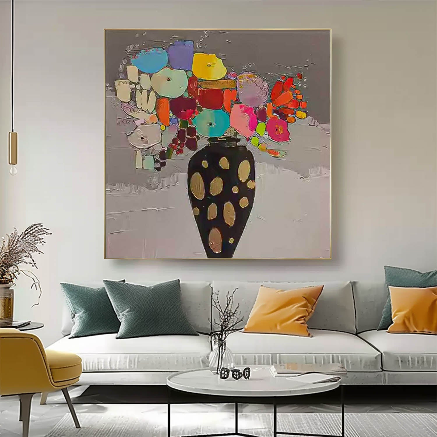 Large Abstract Vase Paintings Square Contemporary Colorful Stone Flower Paintings Spring Painting Framed