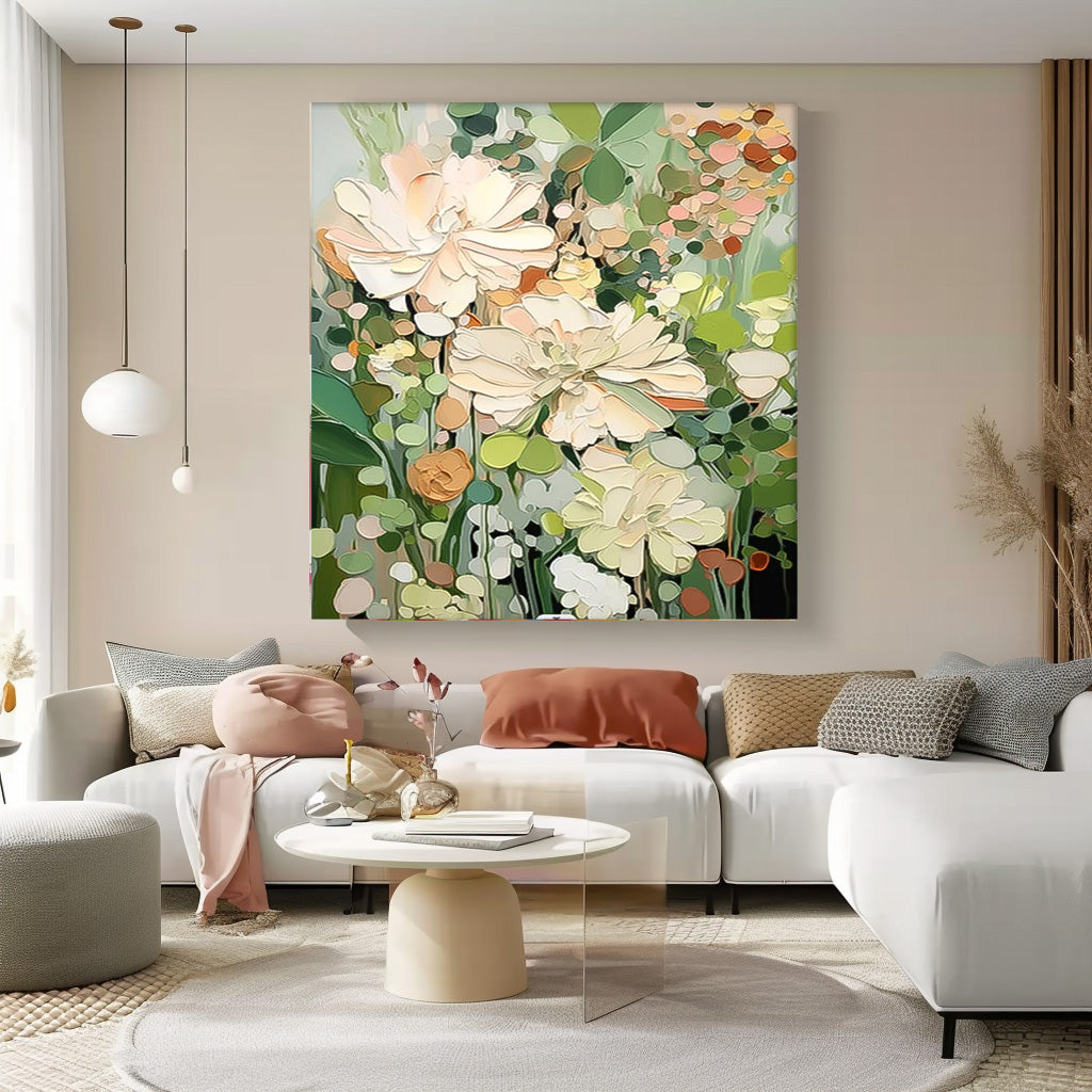 Square Contemporary Floral Painting Extra Large Textured Abstract Flower Paintings Framed Artwork