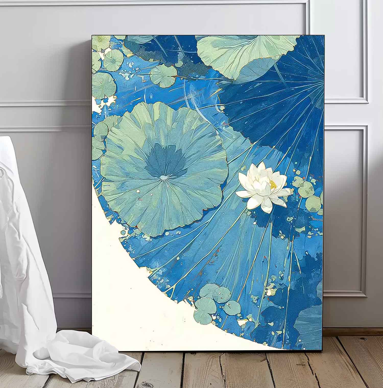 Abstract Blue Lotus Leaf Oil Painting On Canvas Big Original Texture Beautiful Lotus Artwork Framed Home Decor