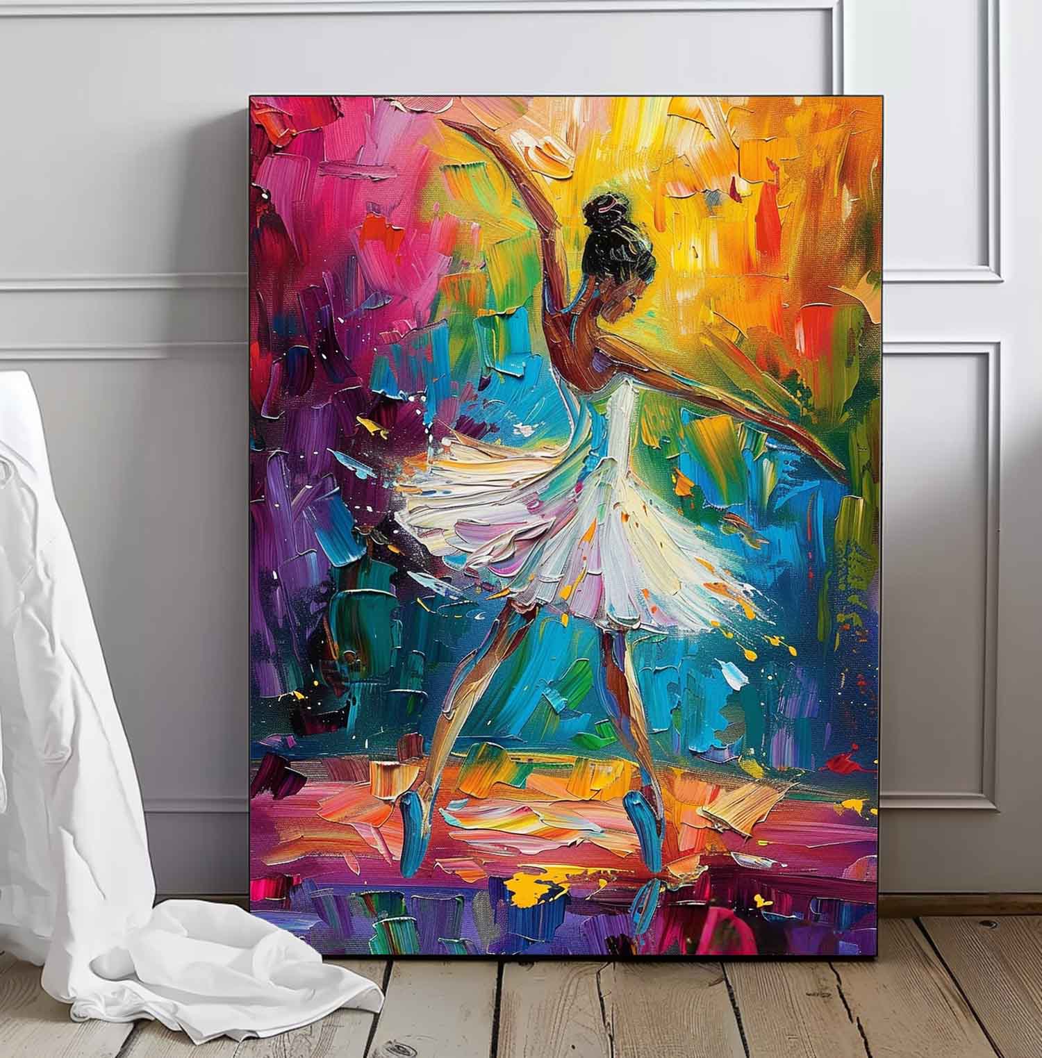 Large Multicolor Girl Painting Framed Original Exquisite Ballet Girl Wall Art Colorful Artwork Gift