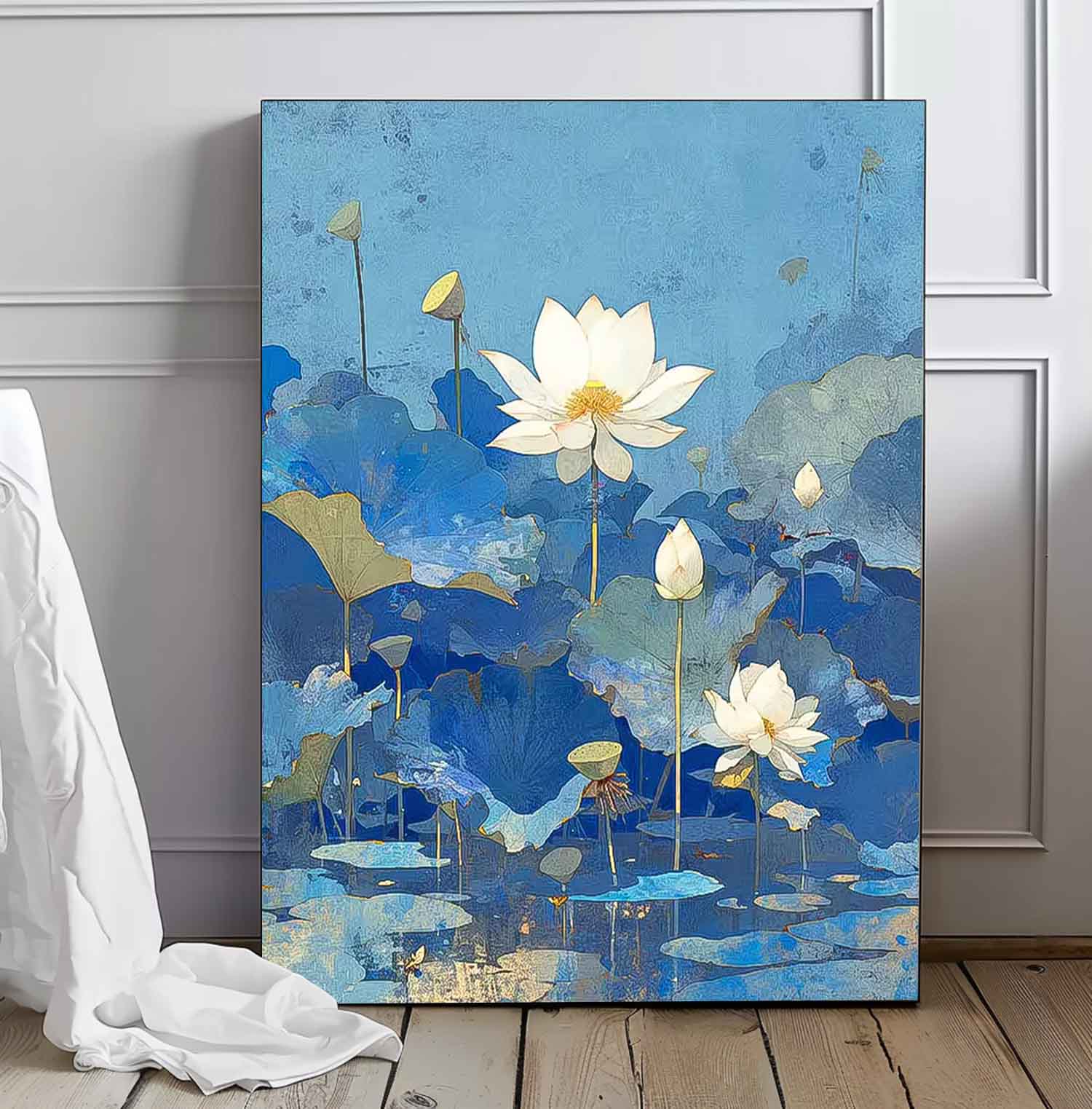 Abstract Lotus Flower Oil Painting On Canvas Big Original Texture Beautiful Blue Flowers Artwork Framed