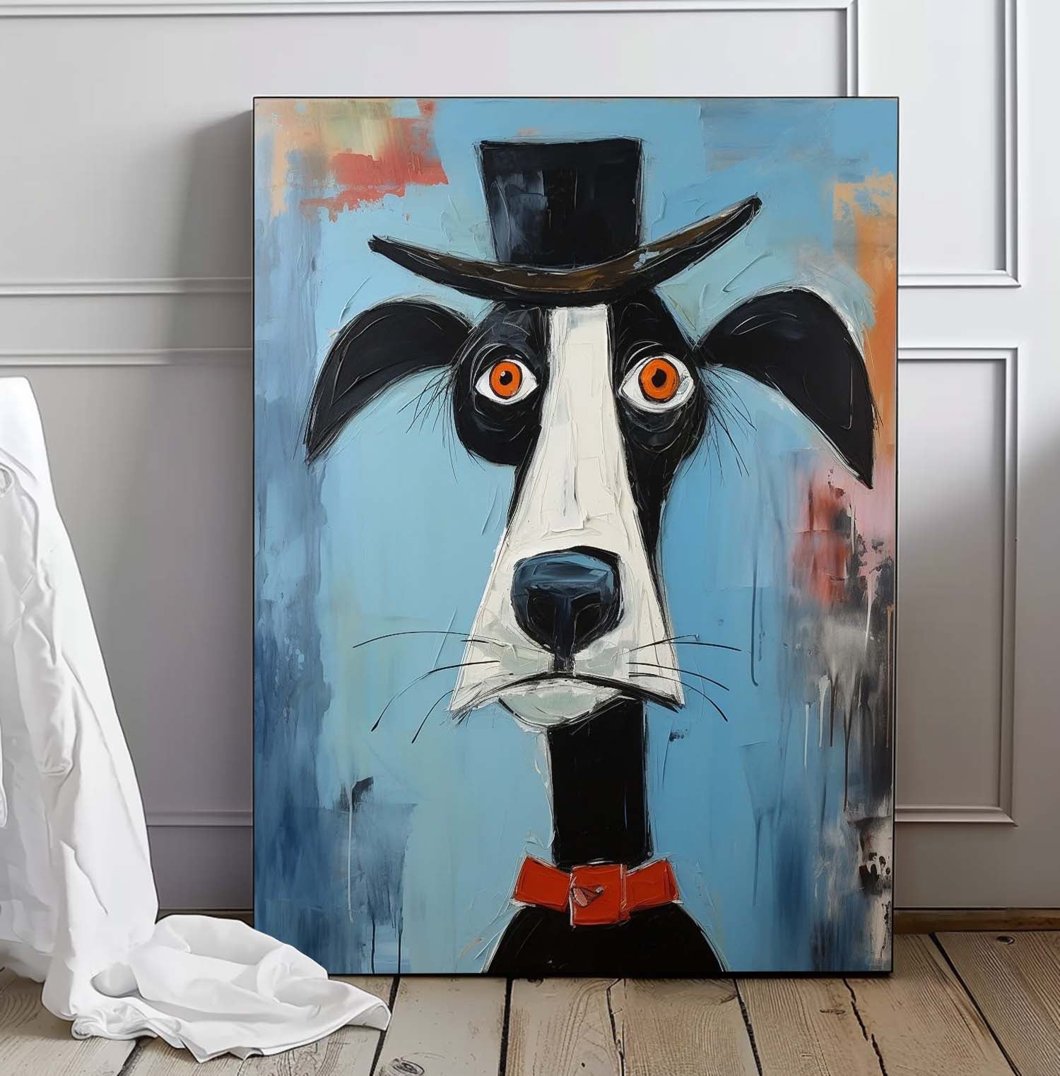 Puppy In A Hat Large Artwork Abstract Cute Dog Acrylic Painting Modern Doberman Pinscher Oil Painting Home Decor