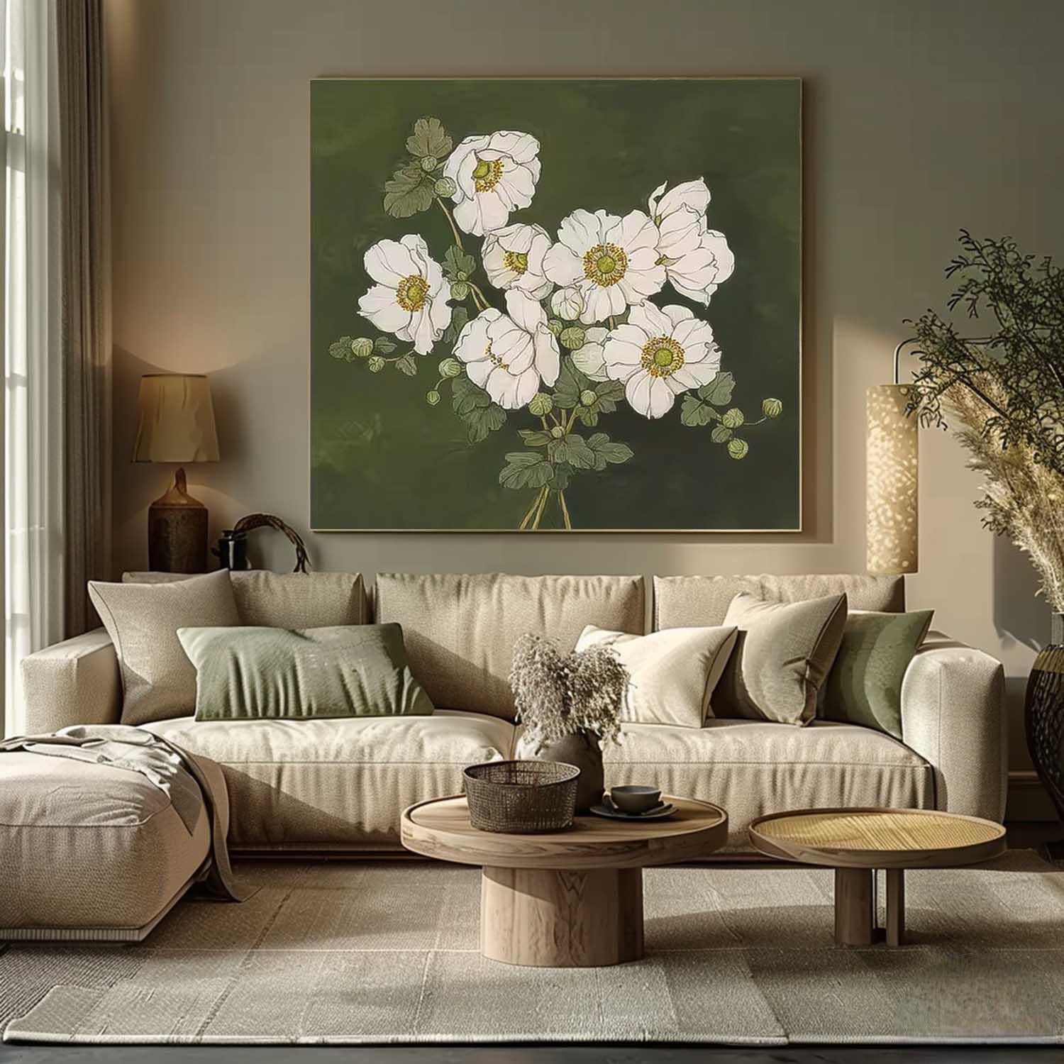 Large Abstract Daisy Flowers Paintings Square Contemporary Flower Paintings Wall Art Green Artwork