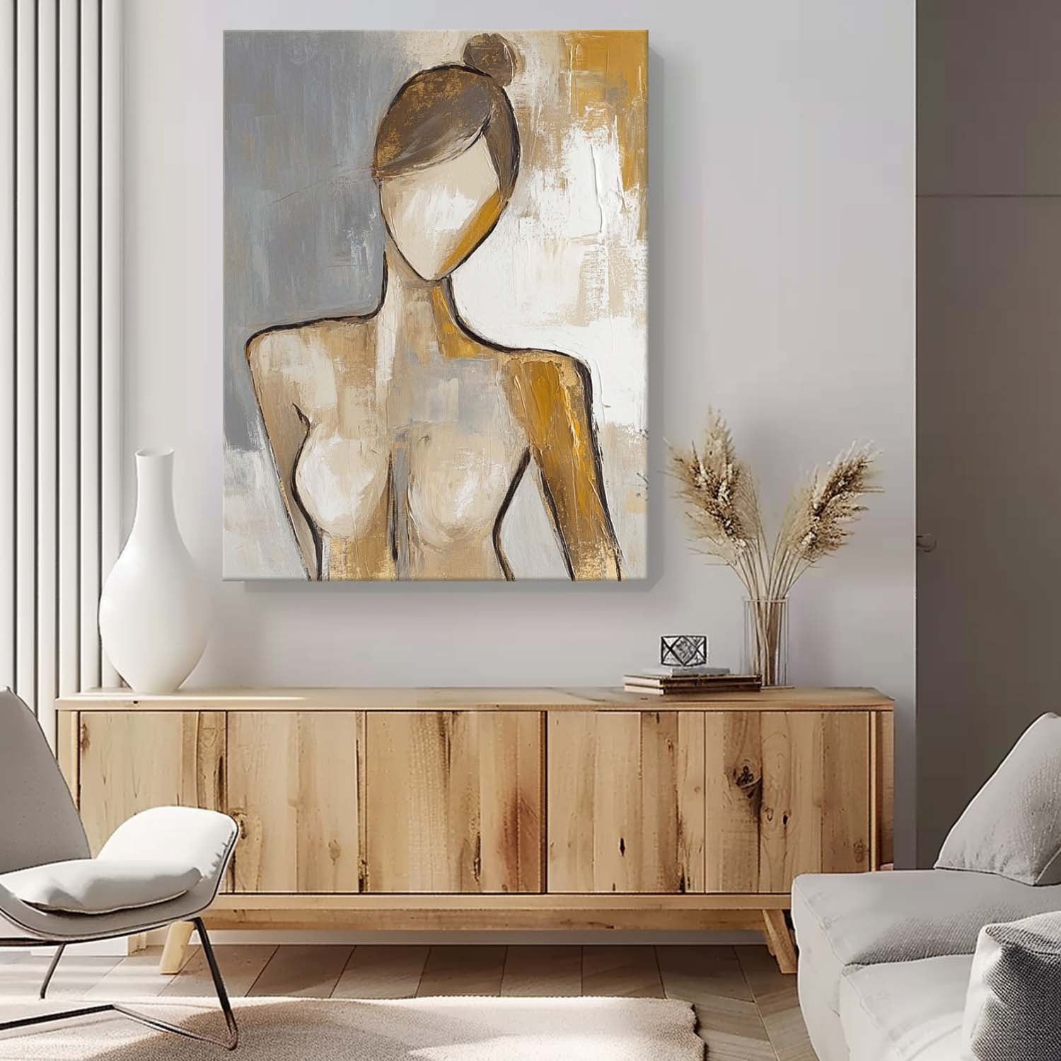 Original Contemporary Woman Wall Art Abstract Lady Artwork Large Character Outline Acrylic Painting Framed