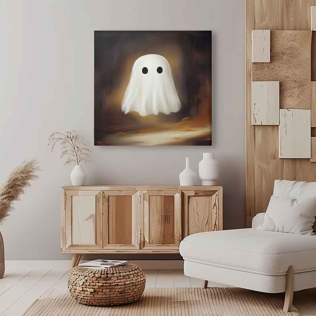 Large Cute Ghost Square Texture Abstract Wall Art Framed Modern Abstract Canvas Painting Holiday Decorations