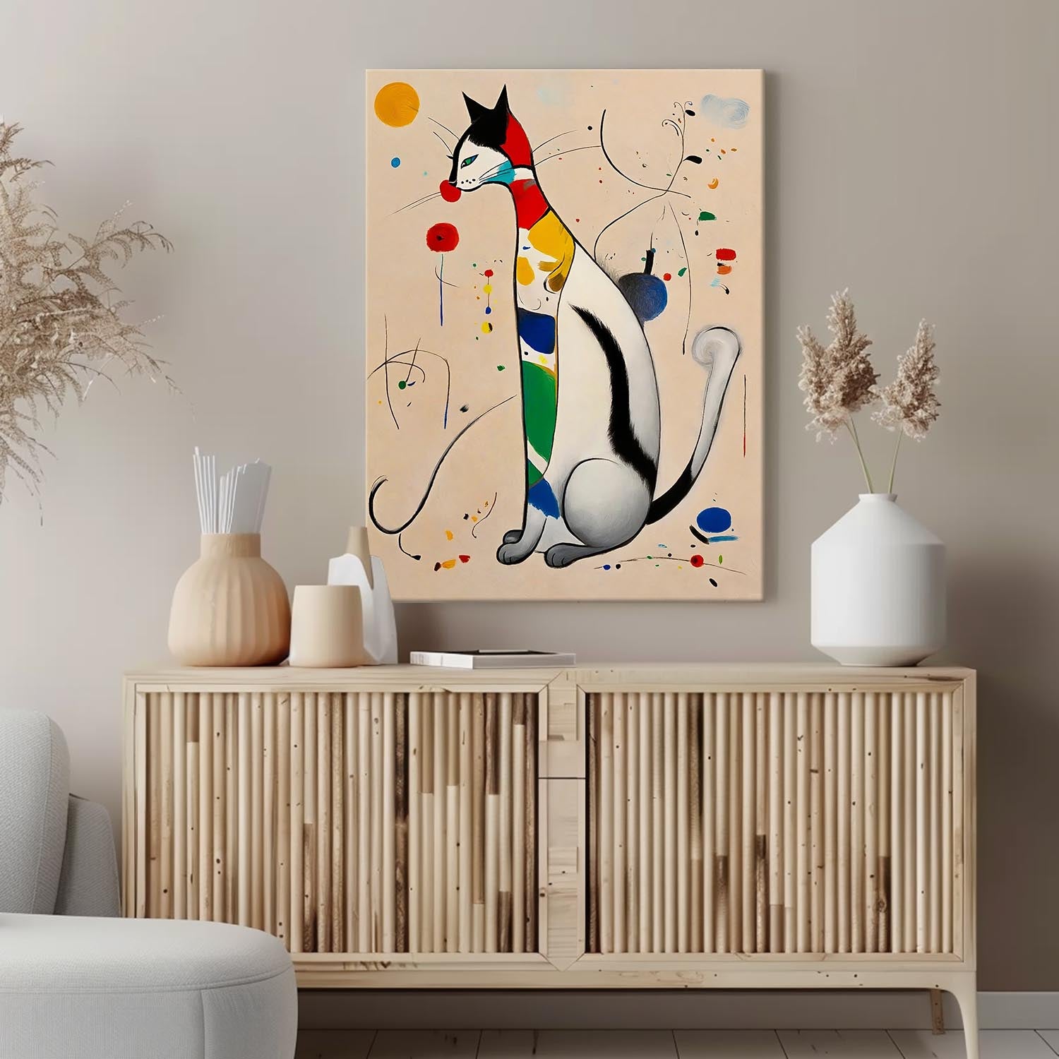 Modern Cat Oil Painting Framed Artwork Surreal Joan Miró Style Abstract Cat Oil Painting Large Cat Pop Art