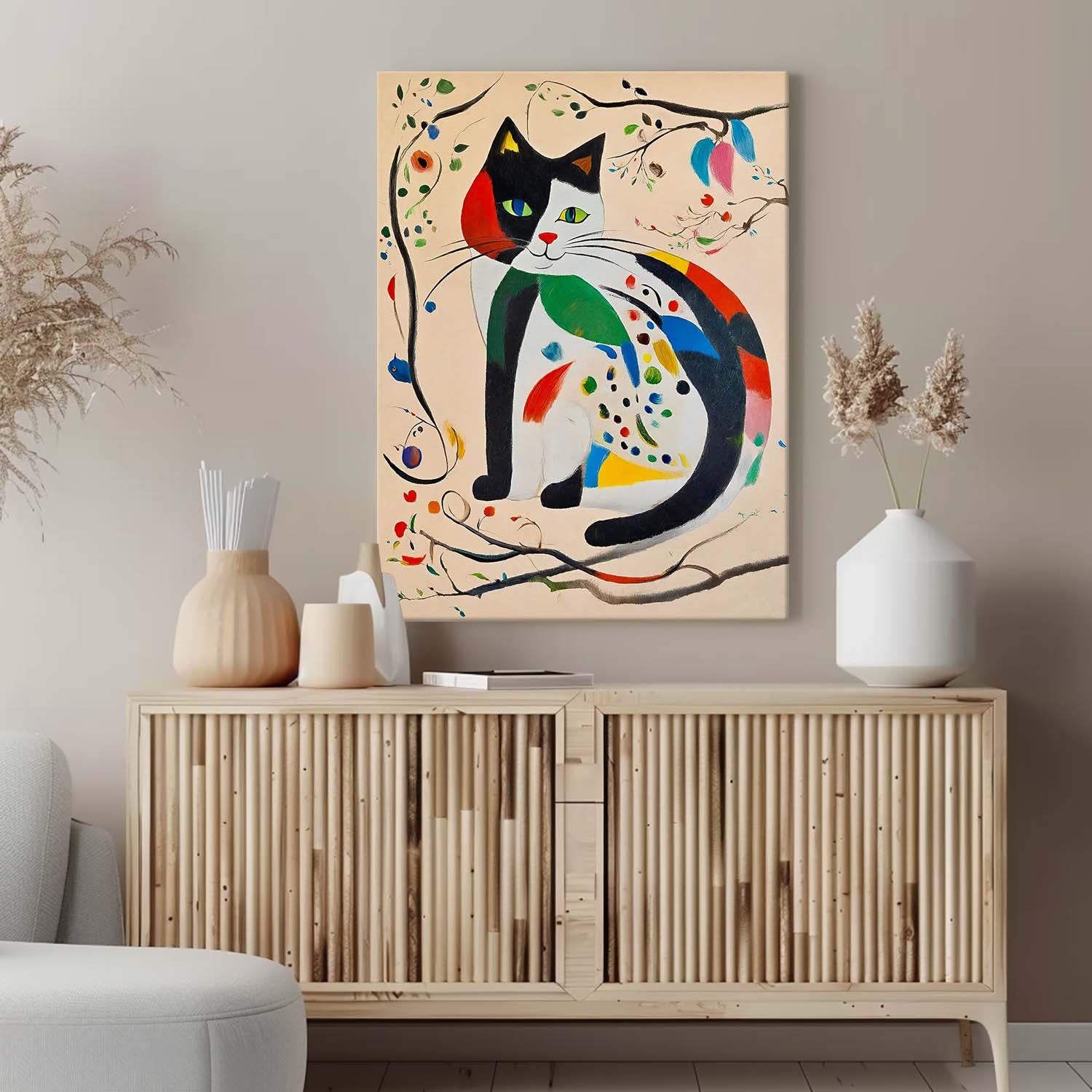 Modern Cat Oil Painting Framed Artwork Joan Miró Style Abstract Cat Childlike Oil Painting Large Cat Pop Art