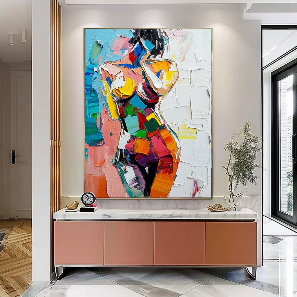 Figure Abstract Painting Colorful Texture Girl Wall Art Lady Oil Painting On Canvas Framed For Living Room