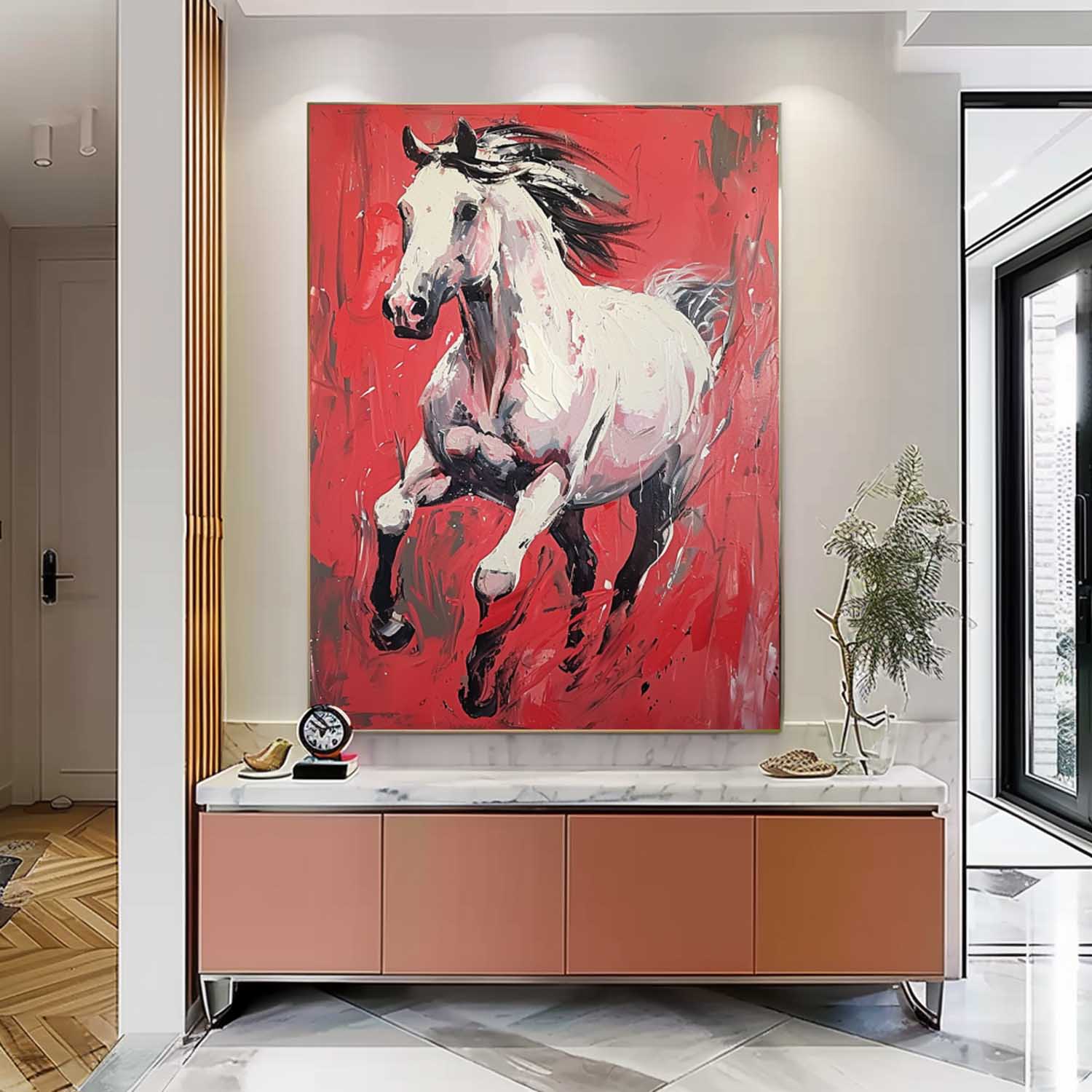 Modern Red background Texture Animal Oil Painting White Horse Oil Painting Impressionist Horse Wall Art Decor