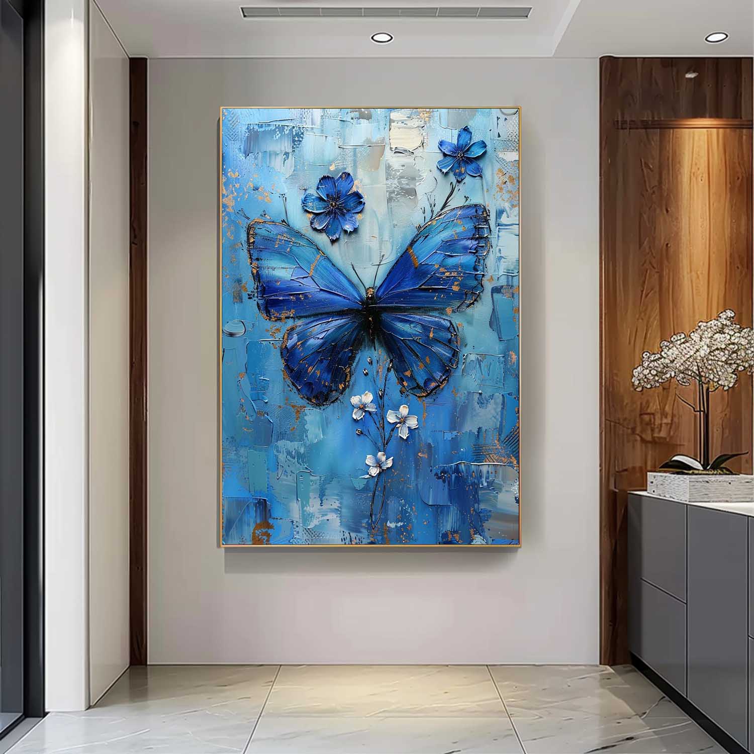 Original Artwork Impressionist Lovely Butterfly Wall Art Blue Oil Painting Modern Texture Oil Painting Framed