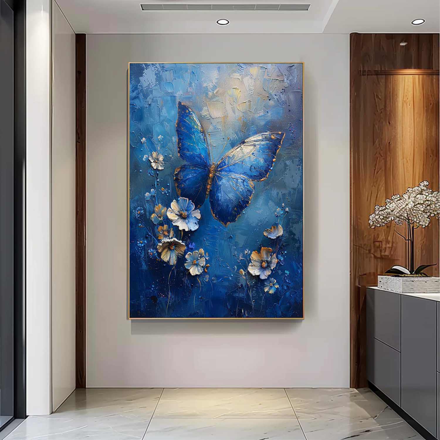 Blue Oil Painting Modern Texture Oil Painting Impressionist Butterfly Wall Art Original Artwork Decor
