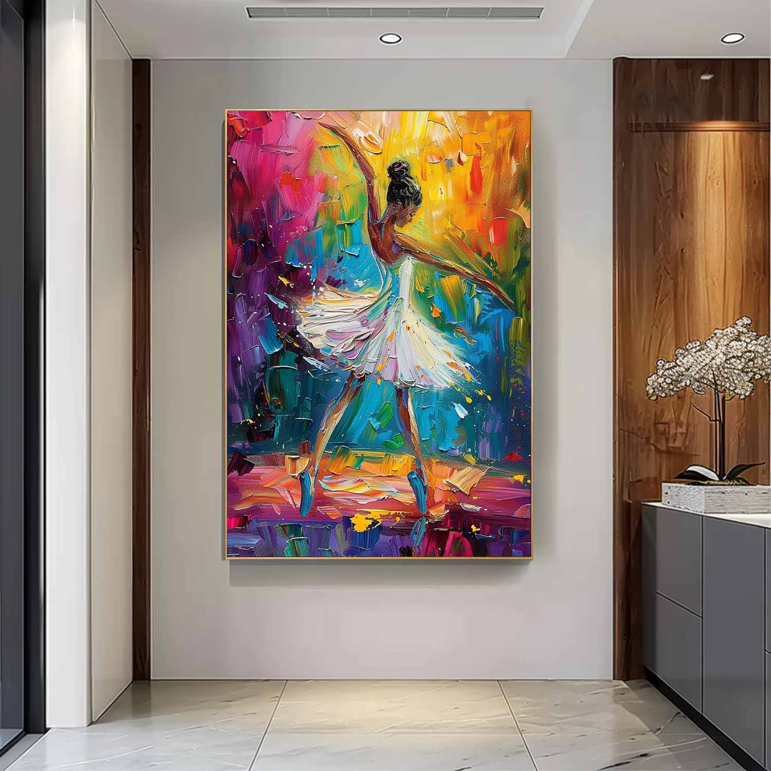 Large Multicolor Girl Painting Framed Original Exquisite Ballet Girl Wall Art Colorful Artwork Gift