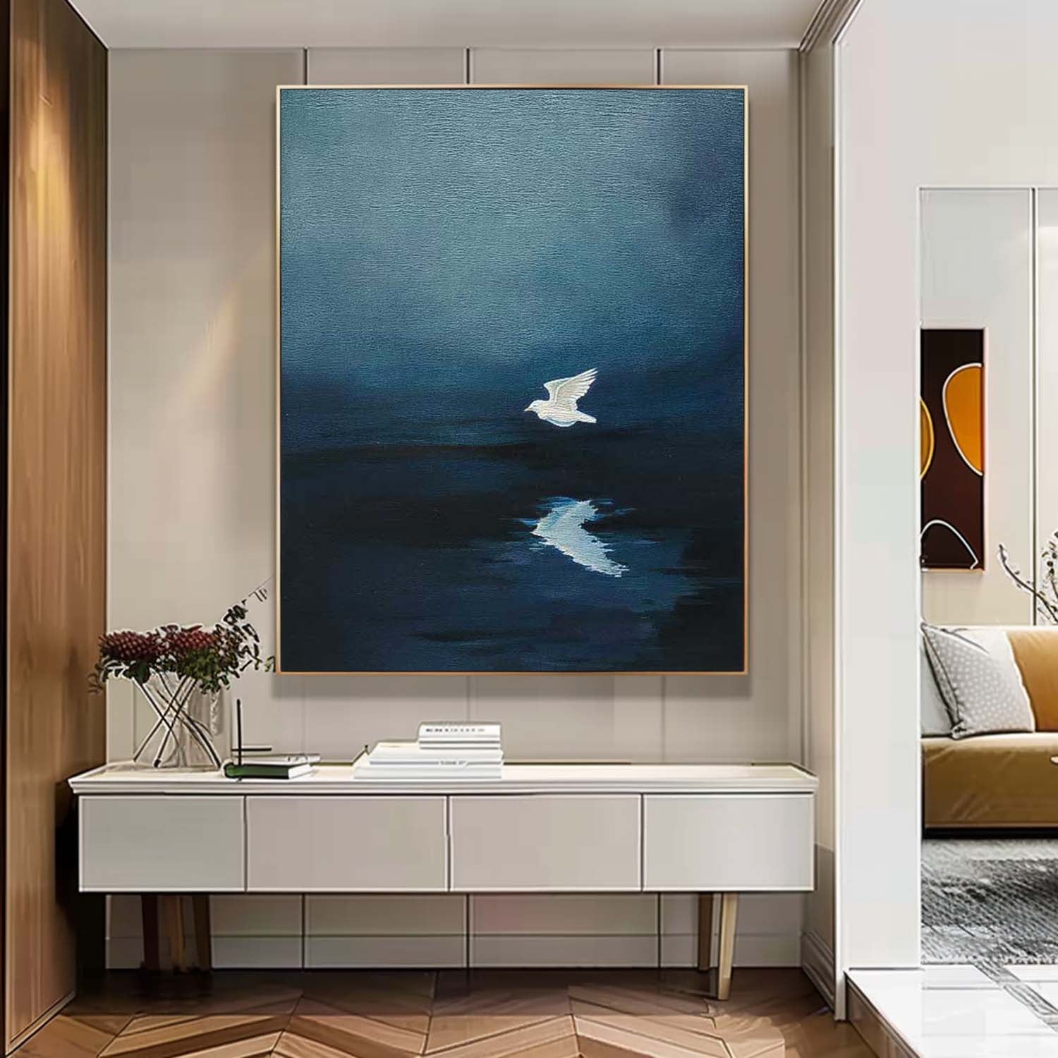 Large Blue Lake Surface Wall Art Minimalist Pigeon Abstract Canvas Oil Painting Original Hand-Painted Artwork