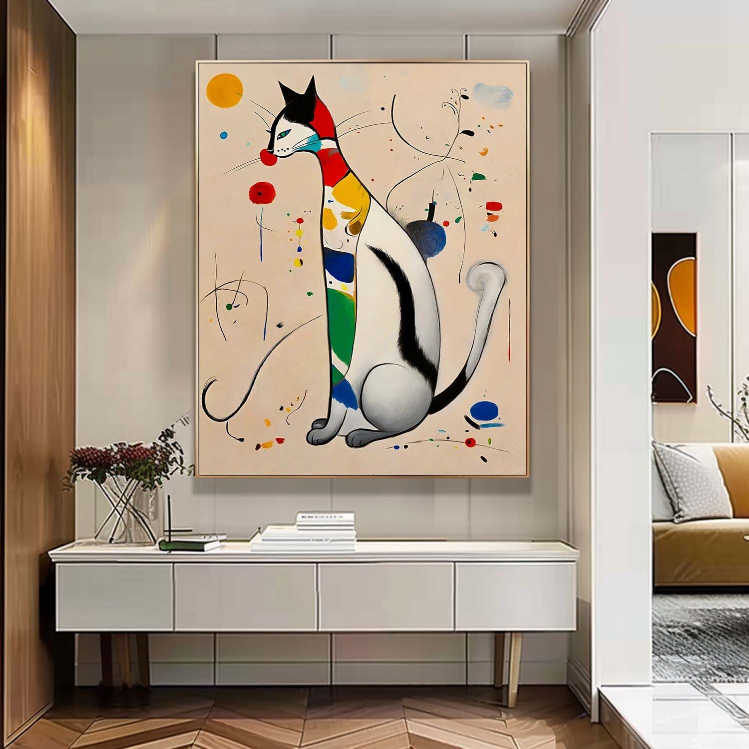 Modern Cat Oil Painting Framed Artwork Surreal Joan Miró Style Abstract Cat Oil Painting Large Cat Pop Art