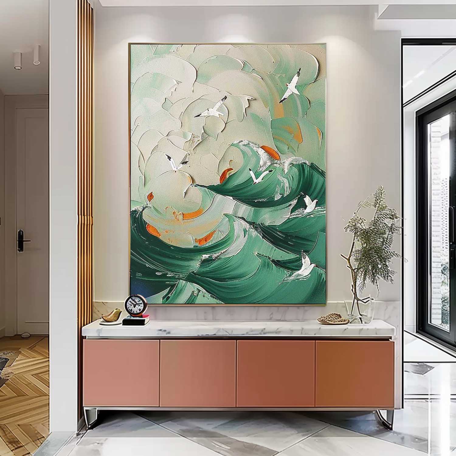 Original Abstract Beach Oil Painting On Canvas Large 3D Green Ocean Wall Art Seagull Artwork Decor