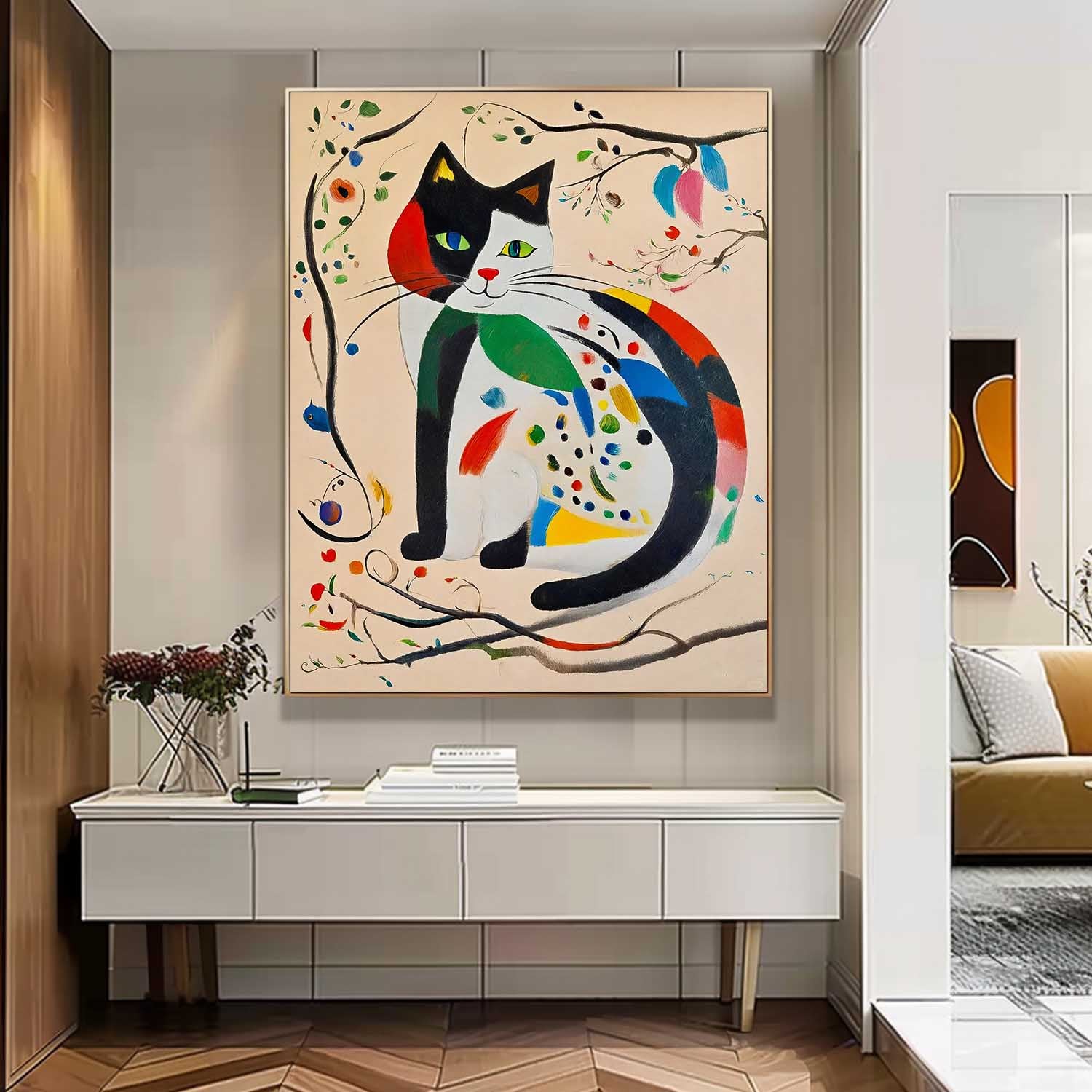 Modern Cat Oil Painting Framed Artwork Joan Miró Style Abstract Cat Childlike Oil Painting Large Cat Pop Art