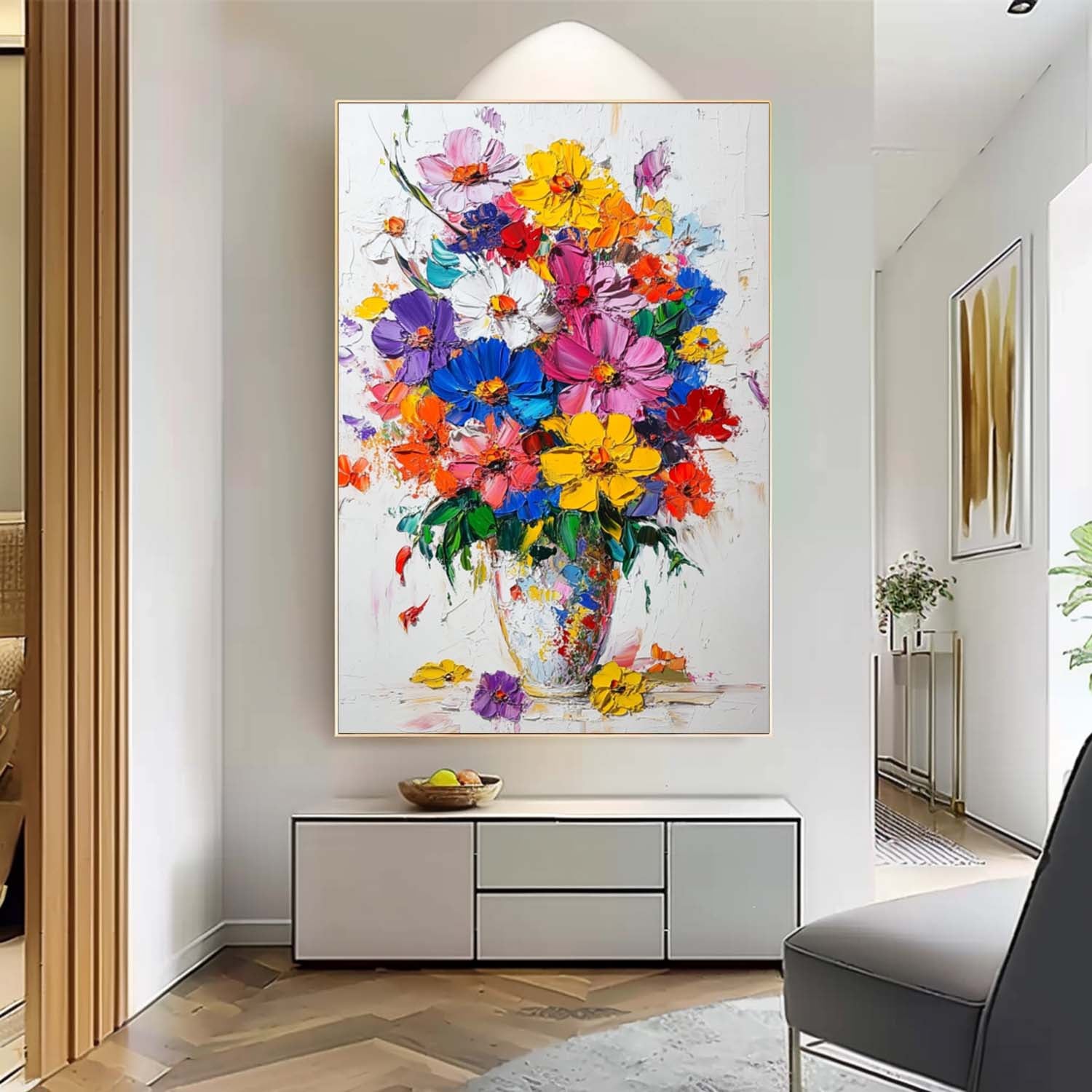 Colorful Flowers Acrylic Painting Canvas Large Textured Vase Art Original Floral Painting For Living Room