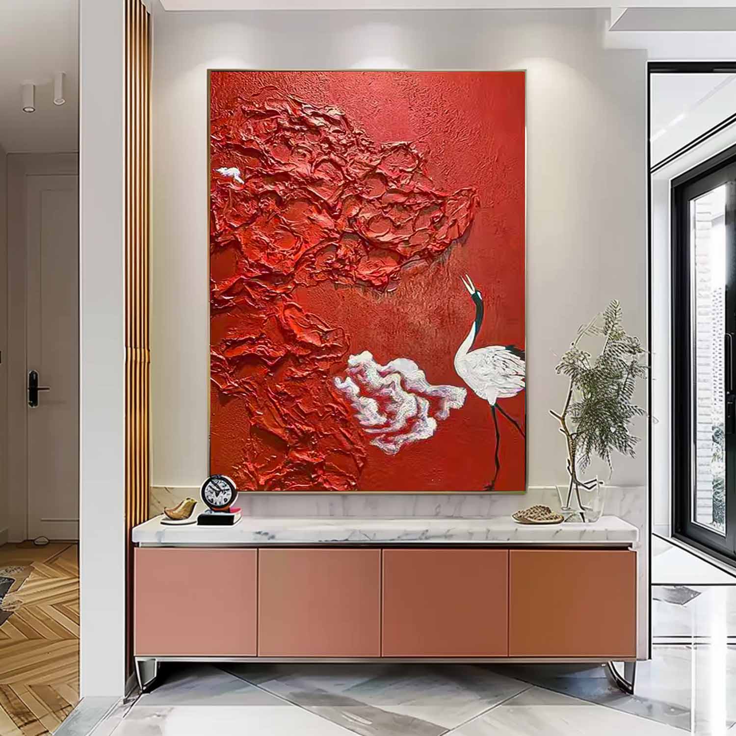 Bright Red Oil Painting Modern Thick Texture Crane Oil Painting Impressionist  Crane Animal Wall Art