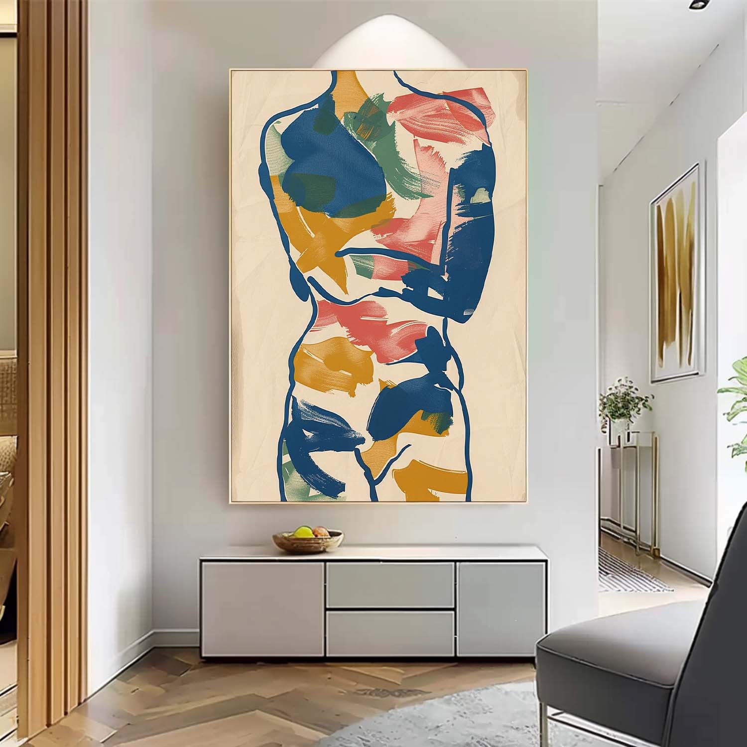 Vibrant Boho Original Abstract Color Body Line Outline Wall Art Figure Contour Acrylic Painting Minimalism Artwork
