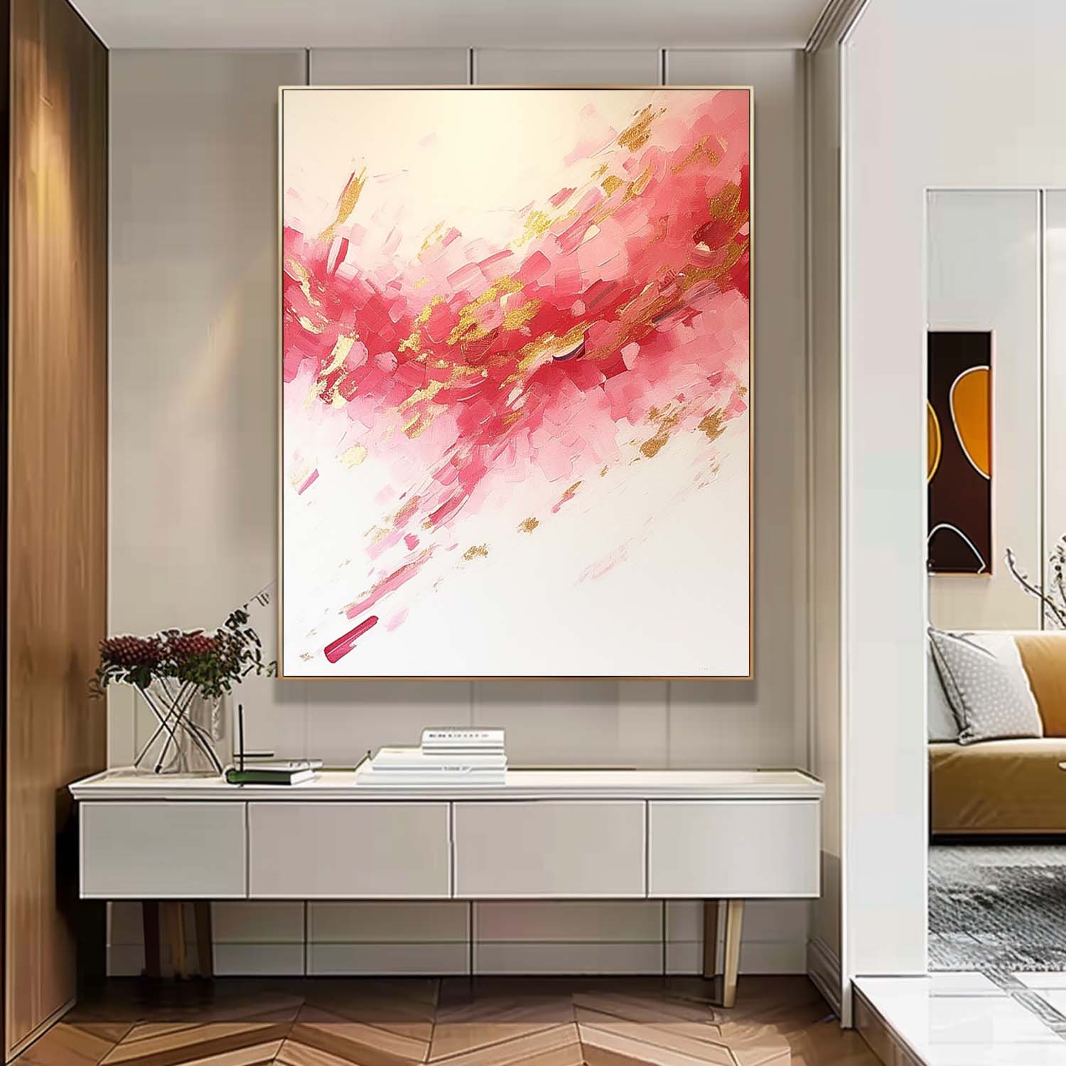 Large Pink Modern Acrylic Painting On Canvas Gold Texture Abstract Oil Painting High Quality Original Artwork