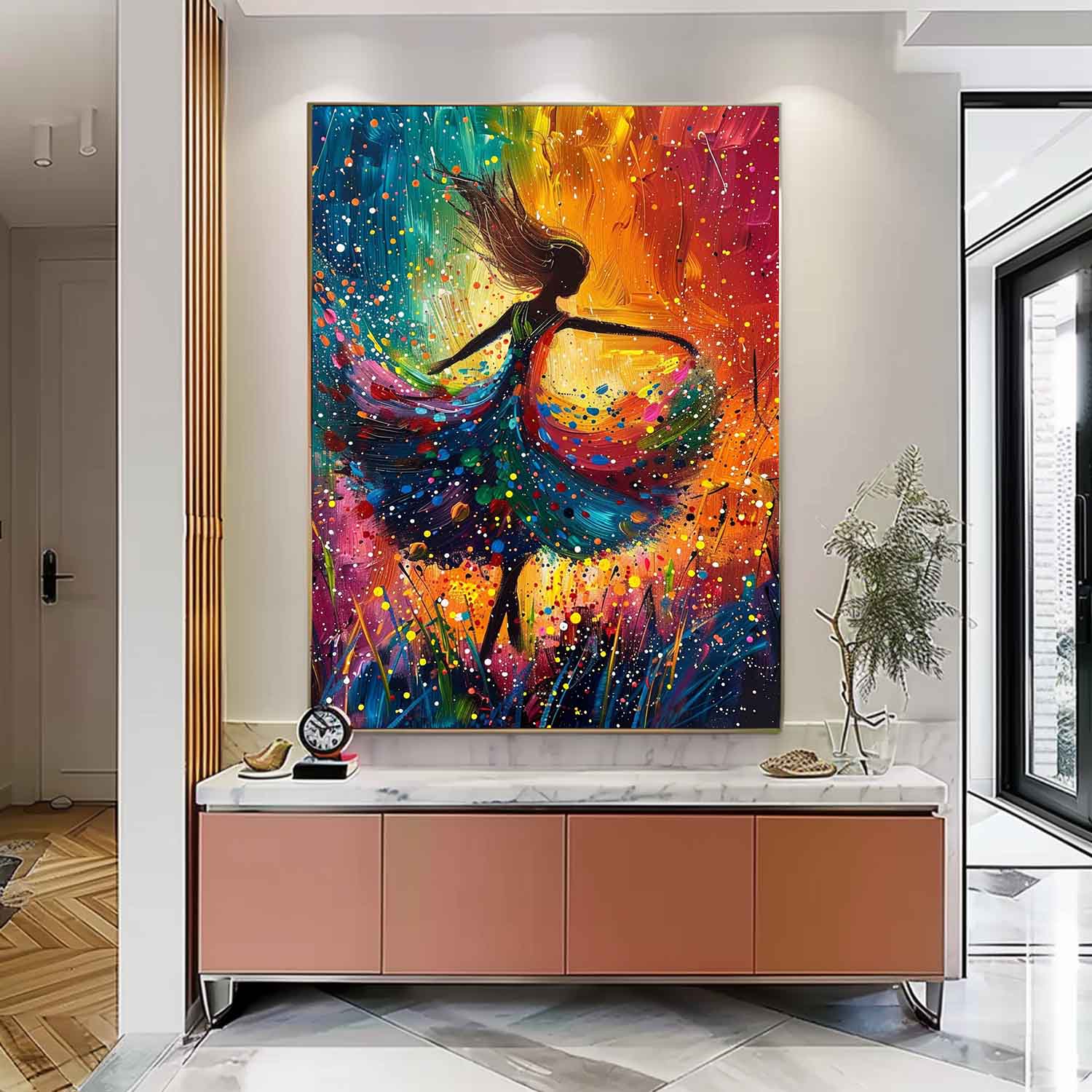 Large Multicolor Portrait Painting Framed Original Exquisite Dancing Girl Wall Art Abstract Colorful Artwork