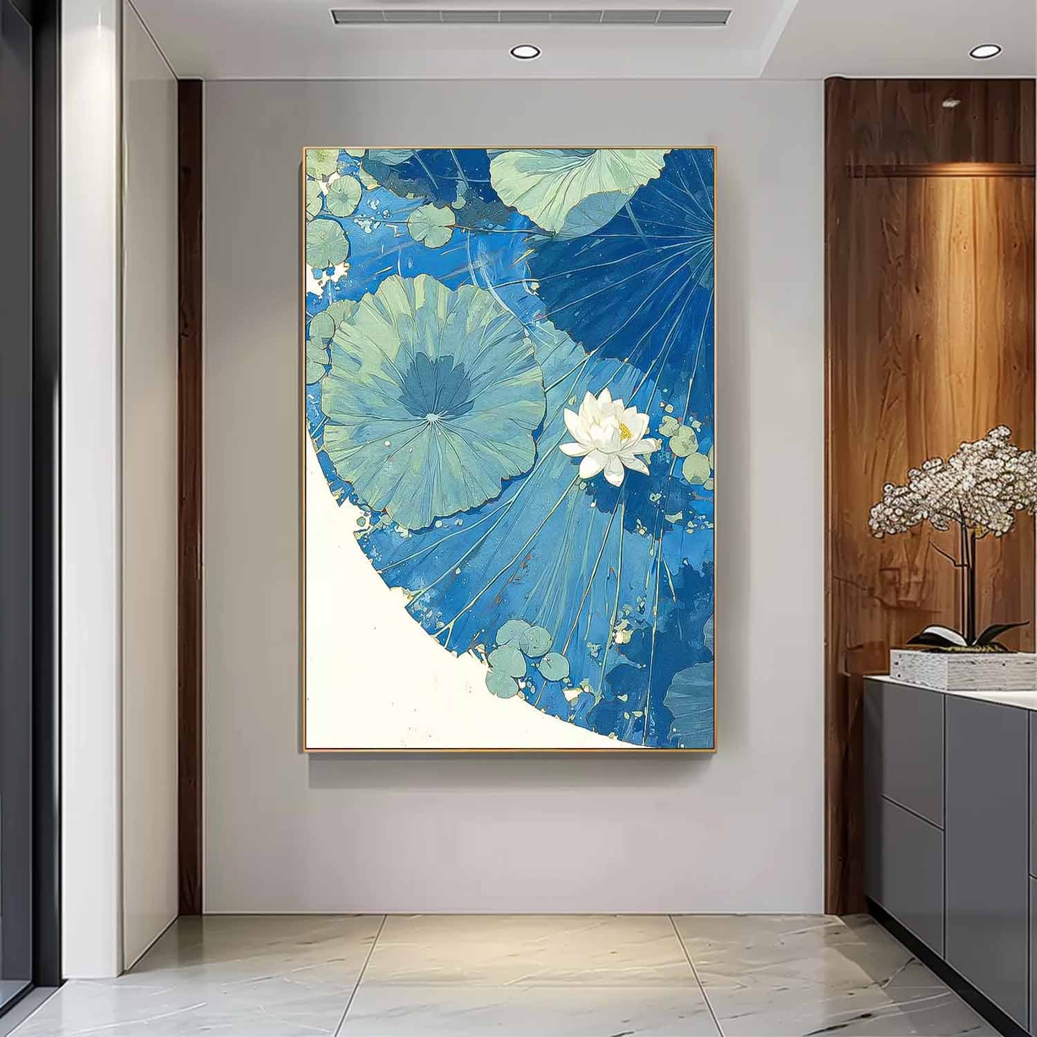 Abstract Blue Lotus Leaf Oil Painting On Canvas Big Original Texture Beautiful Lotus Artwork Framed Home Decor