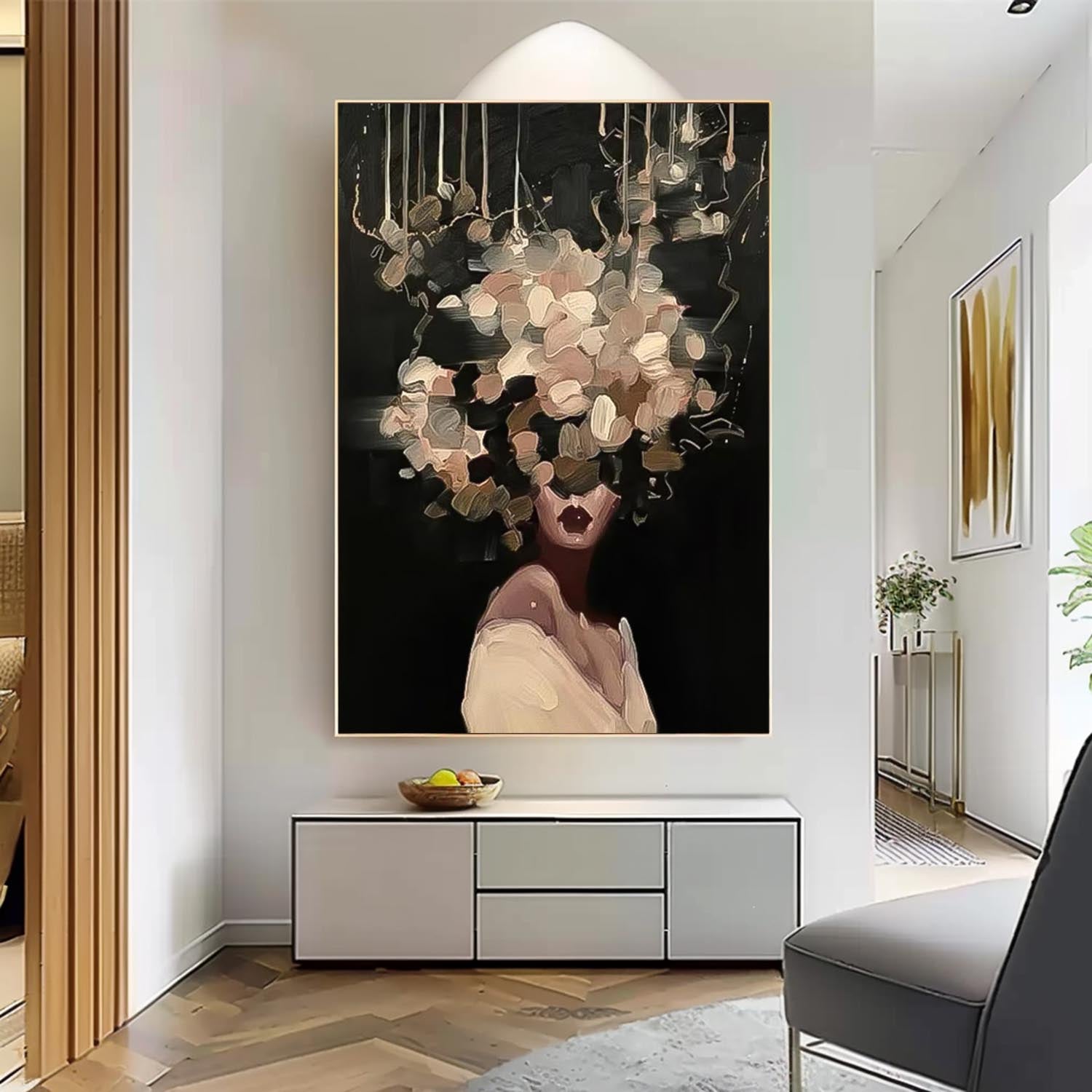 Flower Girl Painting Abstract Female Canvas Art Modern Woman Wall Art