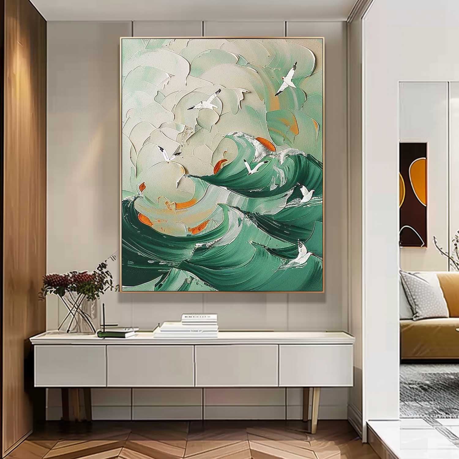 Original Abstract Beach Oil Painting On Canvas Large 3D Green Ocean Wall Art Seagull Artwork Decor