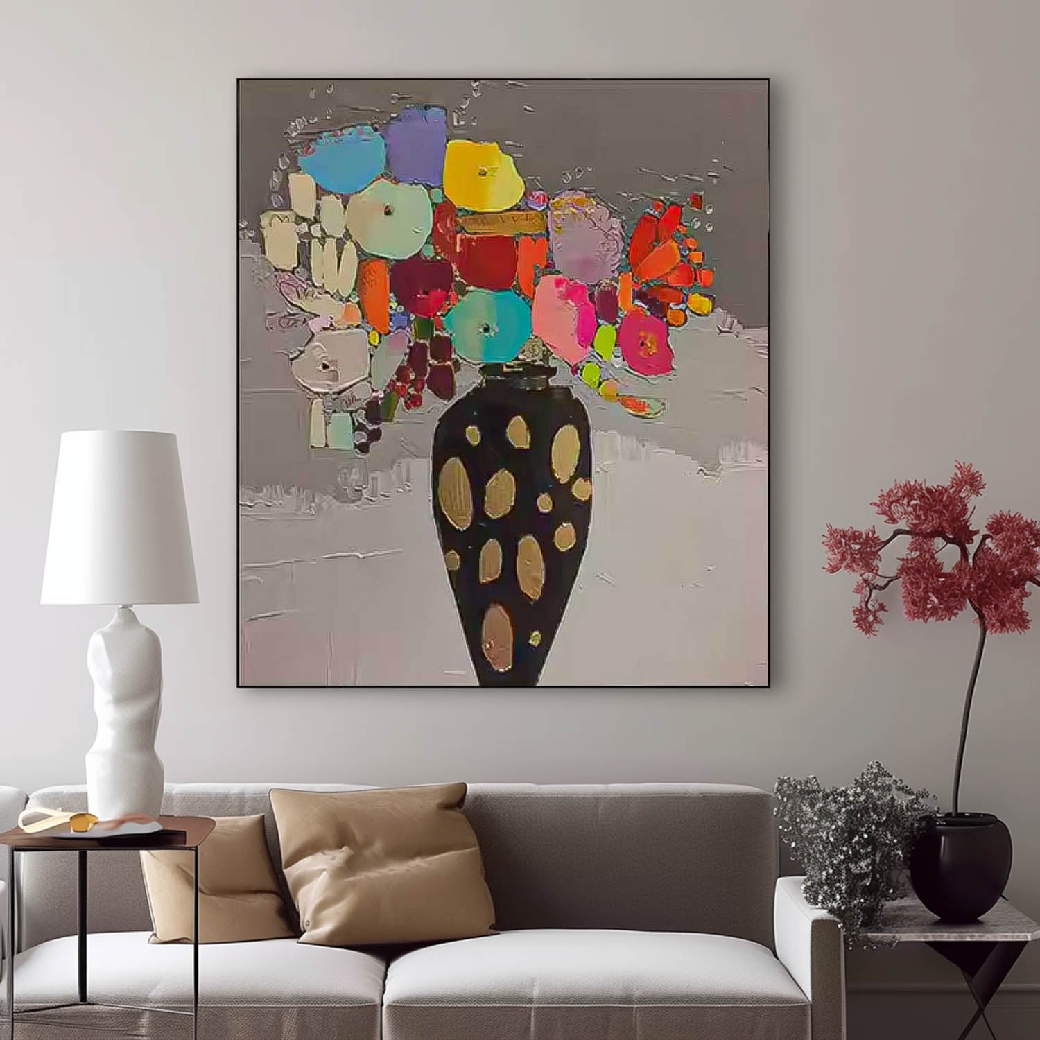 Large Abstract Vase Paintings Square Contemporary Colorful Stone Flower Paintings Spring Painting Framed