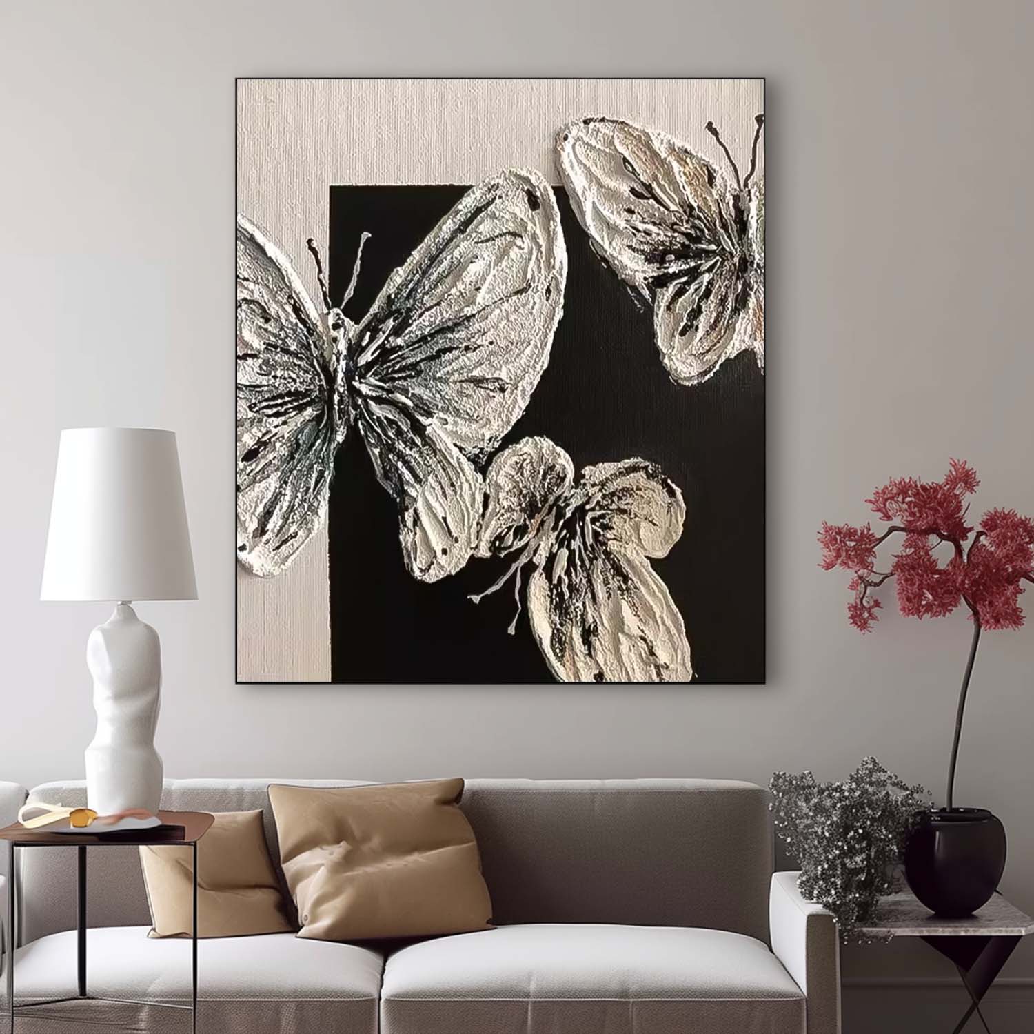 Modern Minimalist Black And White Butterfly Oil Painting Canvas Original Butterfly Wall Art Large Animal Artwork