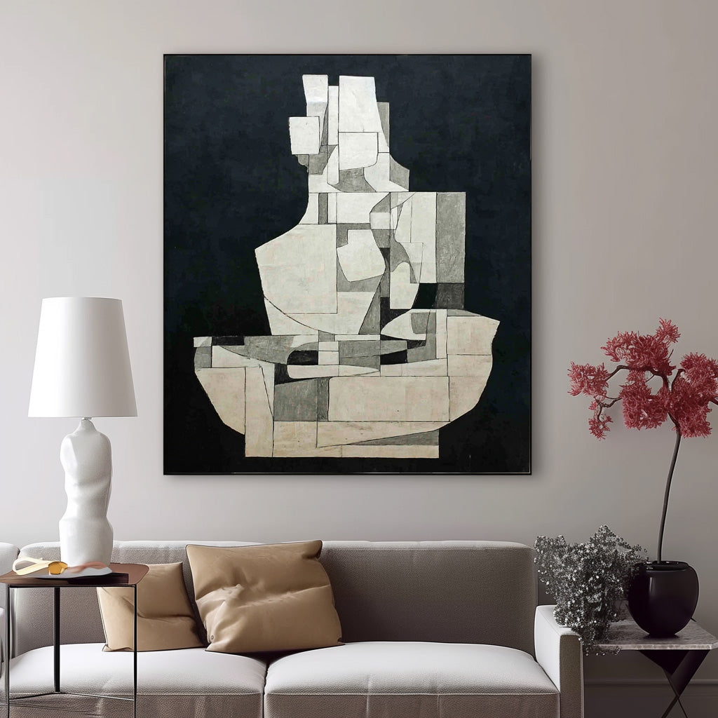 Abstract Geometric Black White Canvas Painting Minimalist Wall Art Modern Decor For Interior Design